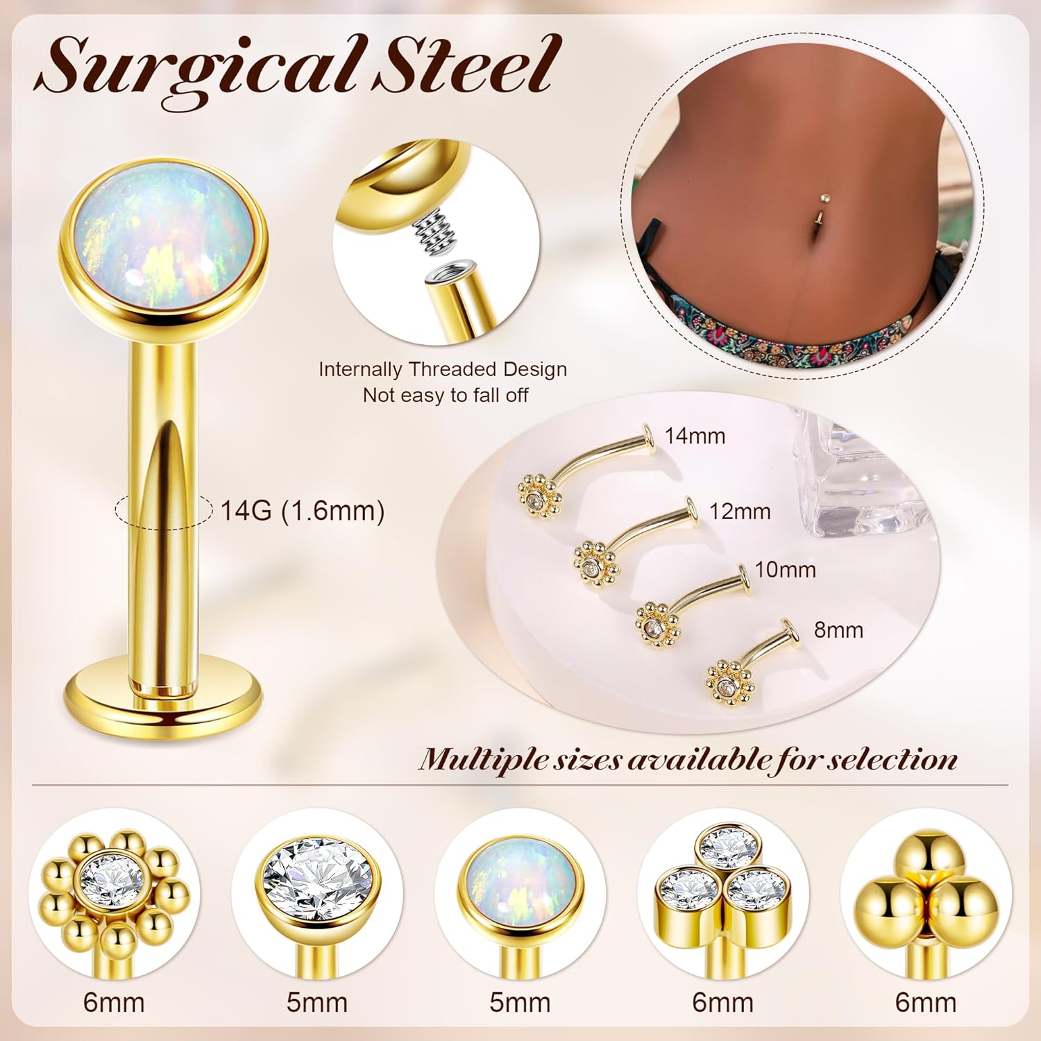 14G 5Pcs Surgical Steel Floating Belly Ring for Women Flat Back Petite Belly Button Ring Convex Base CZ Navel Ring Internally Threaded Curved Barbell Belly Piercing Jewelry 8/10/12/14mm - Image 2
