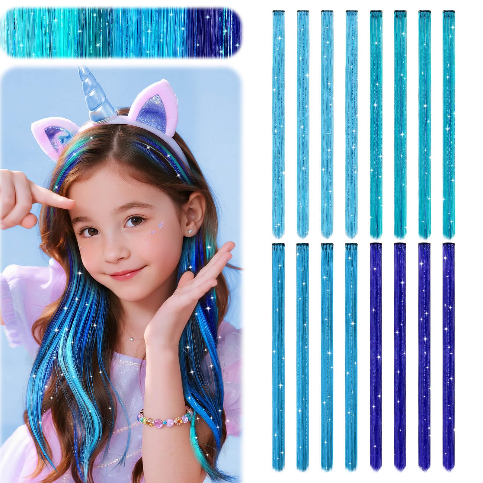 Z-CHARMMY Blue Hair Tinsel Extensions for Girls, Clip in Teal Hair Tinsel Kit for Girls, Blue Hair Accessories for Kids, Ombre Colors Glitter Hair