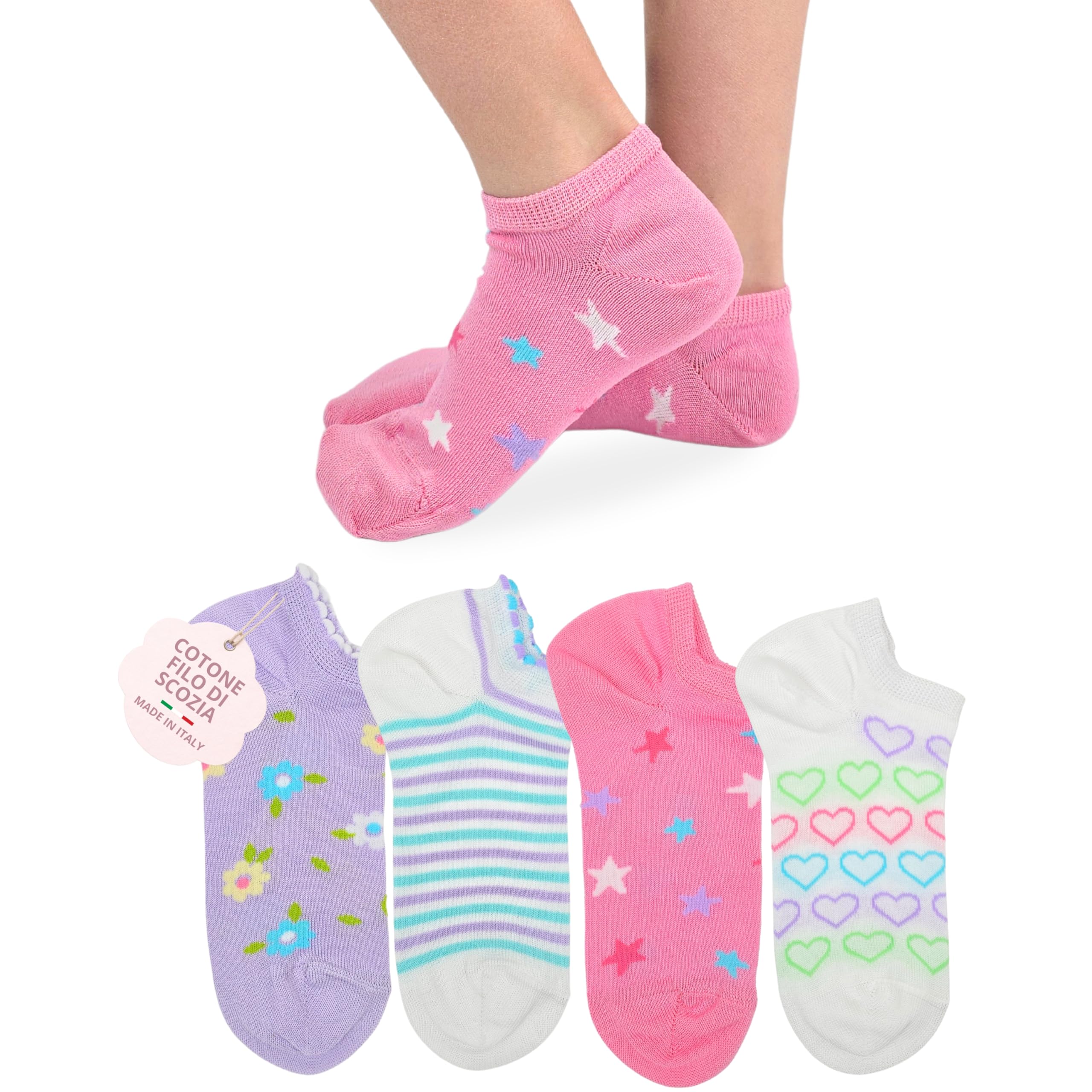 Chaussettes pour fille en coton fil d'Écosse 4 paires de chaussettes légères et respirantes fabriquées en Italie