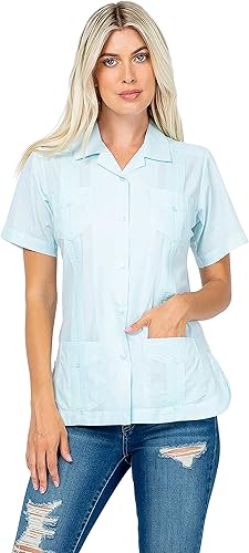 Women's Traditional Guayabera Shirt Cotton Blend 4 Pocket Design Short Sleeve