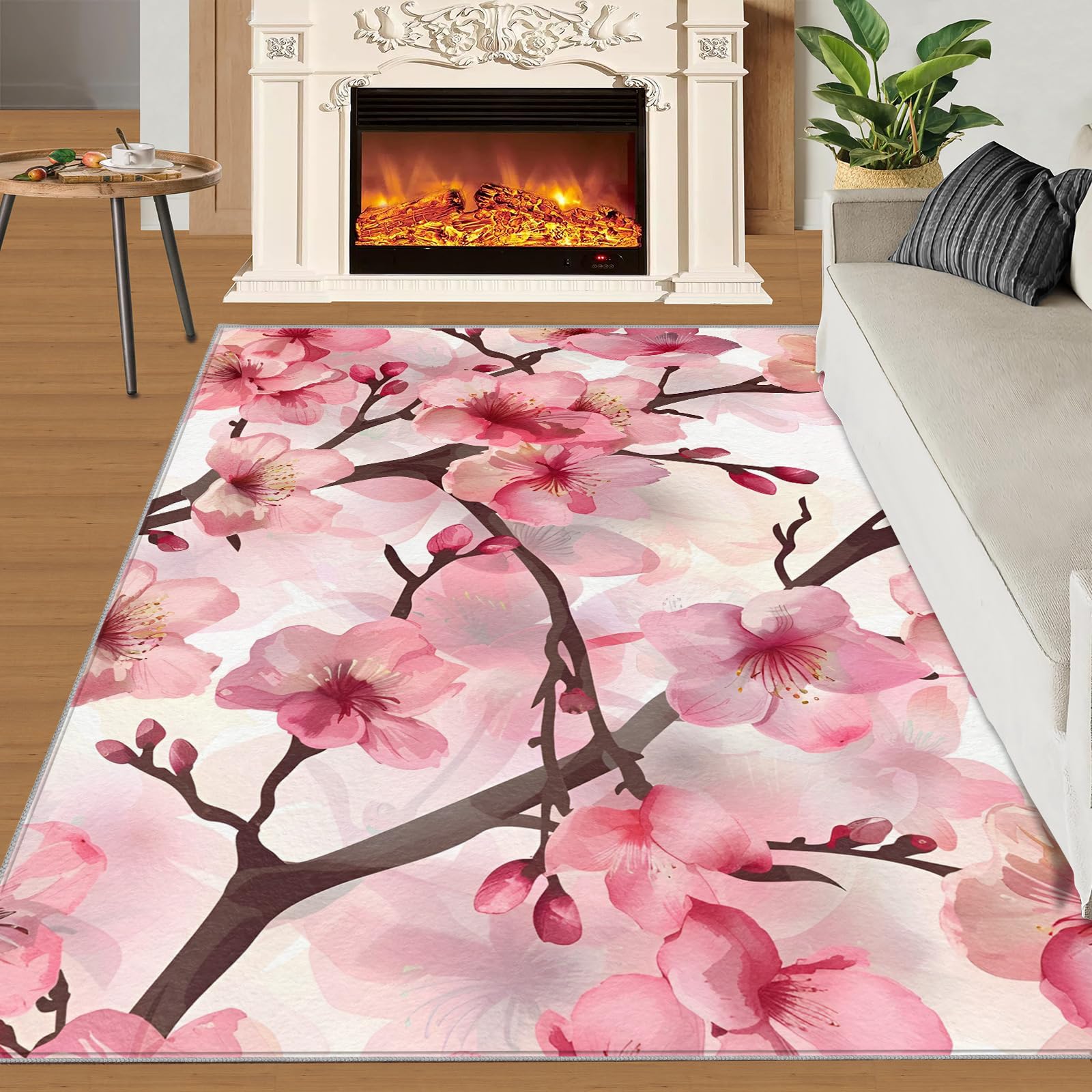 Tapis à fleurs de cerisier pour chambre de fille - 180 x 200 cm - Antidérapant et lavable - Motif japonais - Tapis doux à poils courts - Rose - Motif floral botanique