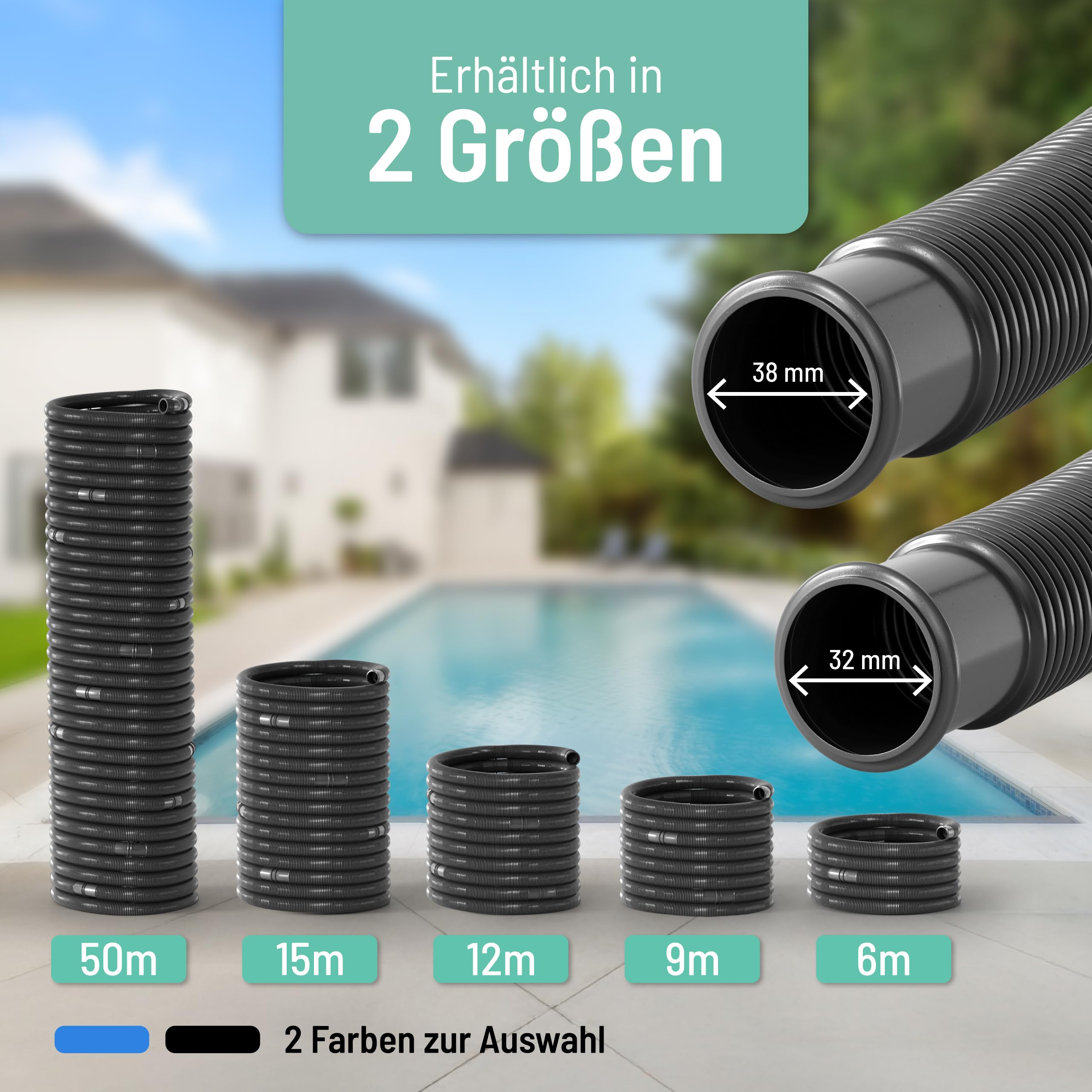 poolomio® Zwembadslang, 38 mm / 50 m rol, flexibele zonne-slang voor zwembadpomp, zwembadverwarming en zonnemat, drukstabiele 1 1/2 inch pompslang, uv-bestendig, zuigslang, Made in Germany