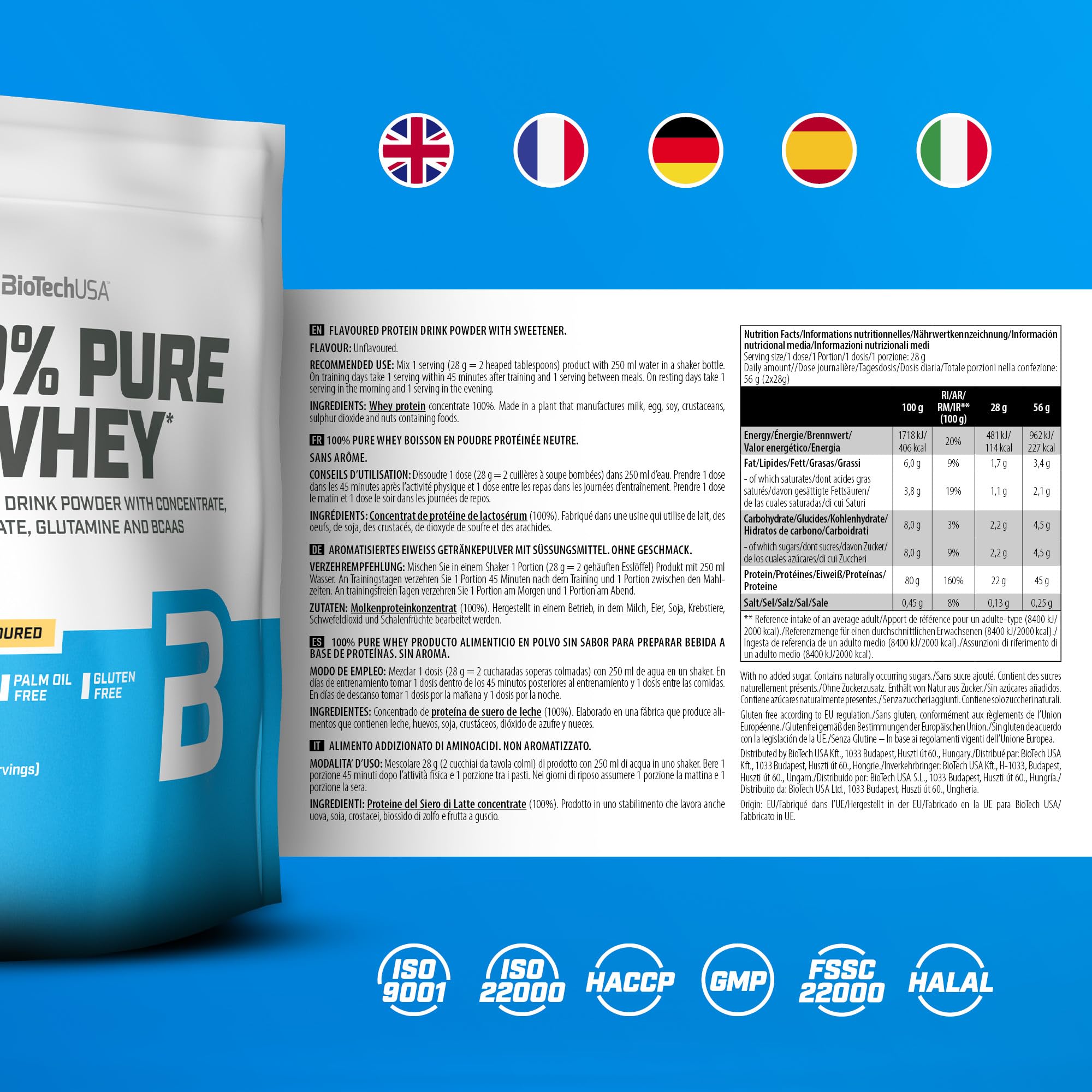 BioTechUSA 100% Pure Whey | Poudre de protéines avec BCAA et Glutamine | Sans gluten, sans huile de palme | 21g de protéines par portion, 1 kg, Sans saveur