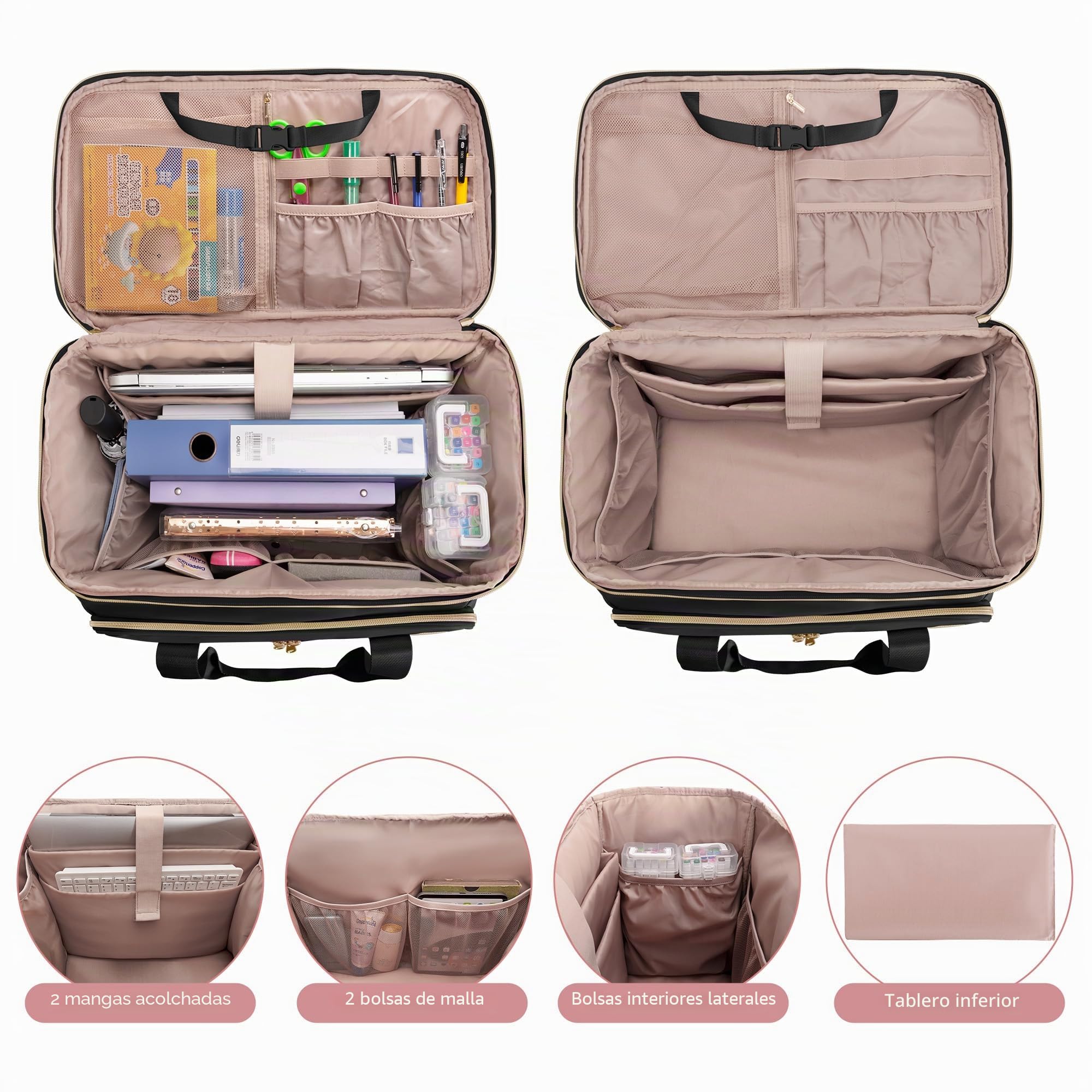 Bolsa Rodante para Profesores con Ruedas, Bolsa de Mano para Profesores con Carrito Desmontable, Bolsa para Profesores con Ruedas para Ordenador Portátil de 15,6", Negro (Diseño de Patente) | 6 fundas frontales para archivos, se adapta a portátiles de 15.