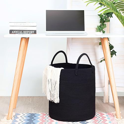 Miniatura 5 de MINTWOOD Design Cesta decorativa grande de cuerda de algodón tejida de 18 x 16 pulgadas, canasta alta para ropa sucia, canasta de manta para sala de