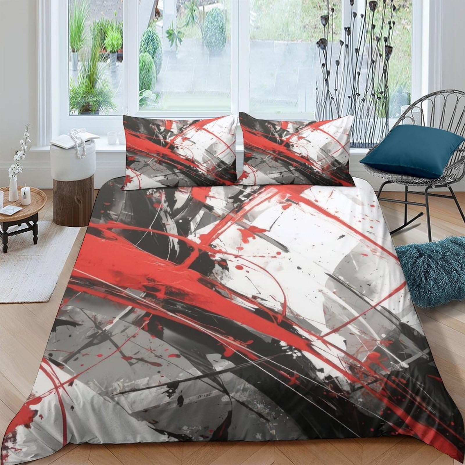 GPLZQXKJNH 3D Printed Abstract Red Black Duvet Cover Microfiber Soft Breathable Modern Graffiti Bedding Set with 2 Pillowcases for Bedroom Decor Single（135x200cm）