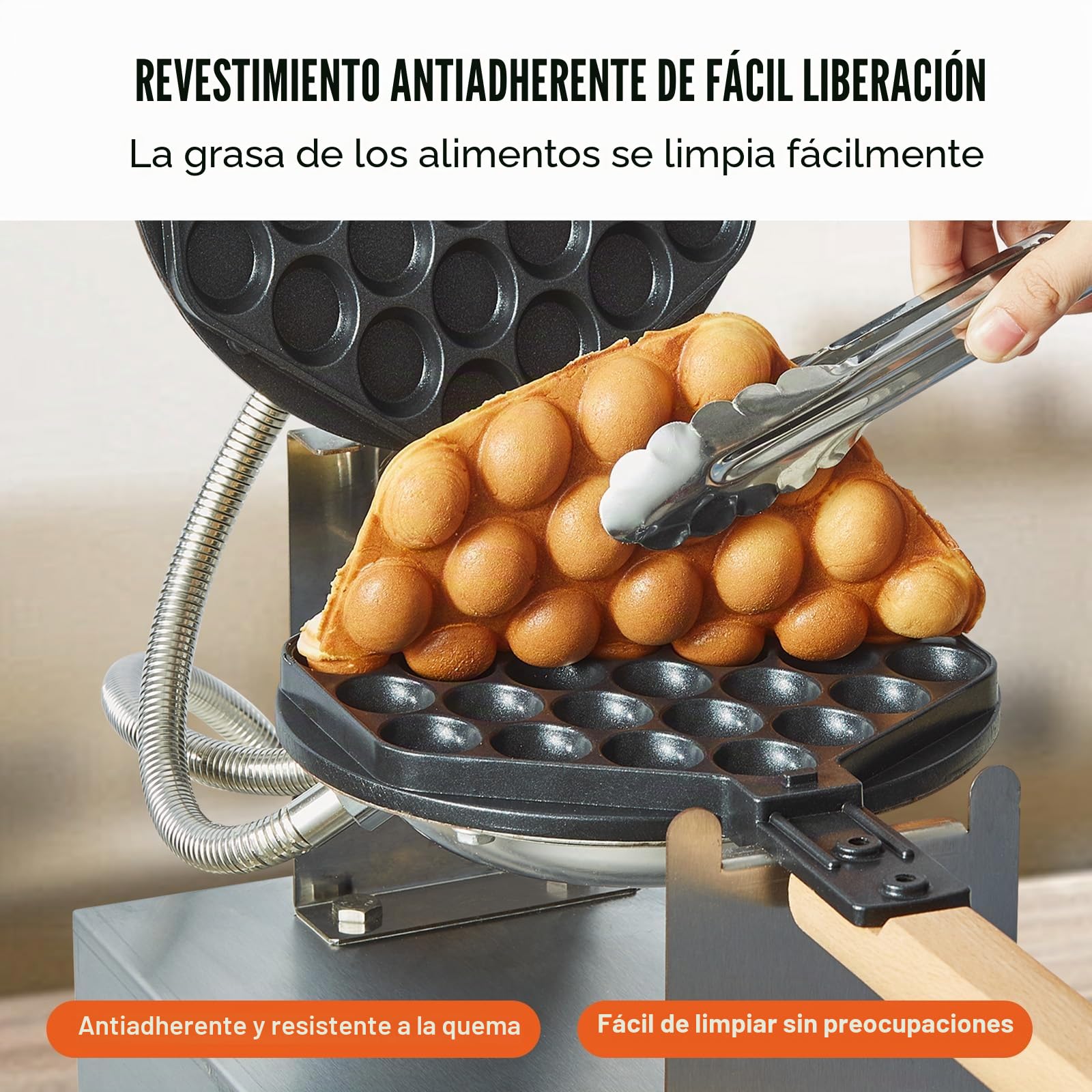 VEVOR Máquina para Hacer Gofres con Burbujas, 1400 W, Acero Inoxidable Antiadherente, Control Temperatura y Tiempo, Mango de Madera, para Restaurantes, Panaderías, 593 x 220 x 268 mm, Plata, 1P