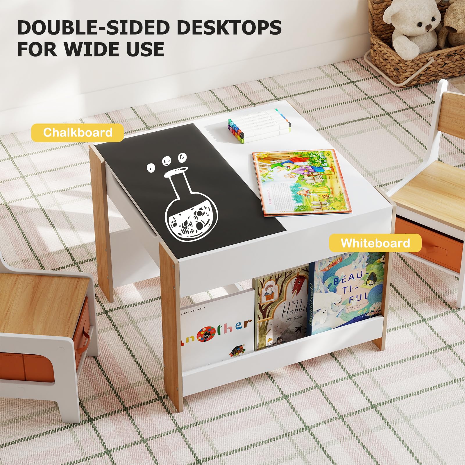 LIFEZEAL Kindertisch mit 2 Stühlen, 3 in 1 Aktivitätstisch Tafeltisch Maltisch mit wendbaren Tischplatten & Bücherregalen, 3 TLG Kindersitzgruppe Kinder zum Zeichnen, Lesen und Spielen (Natur)