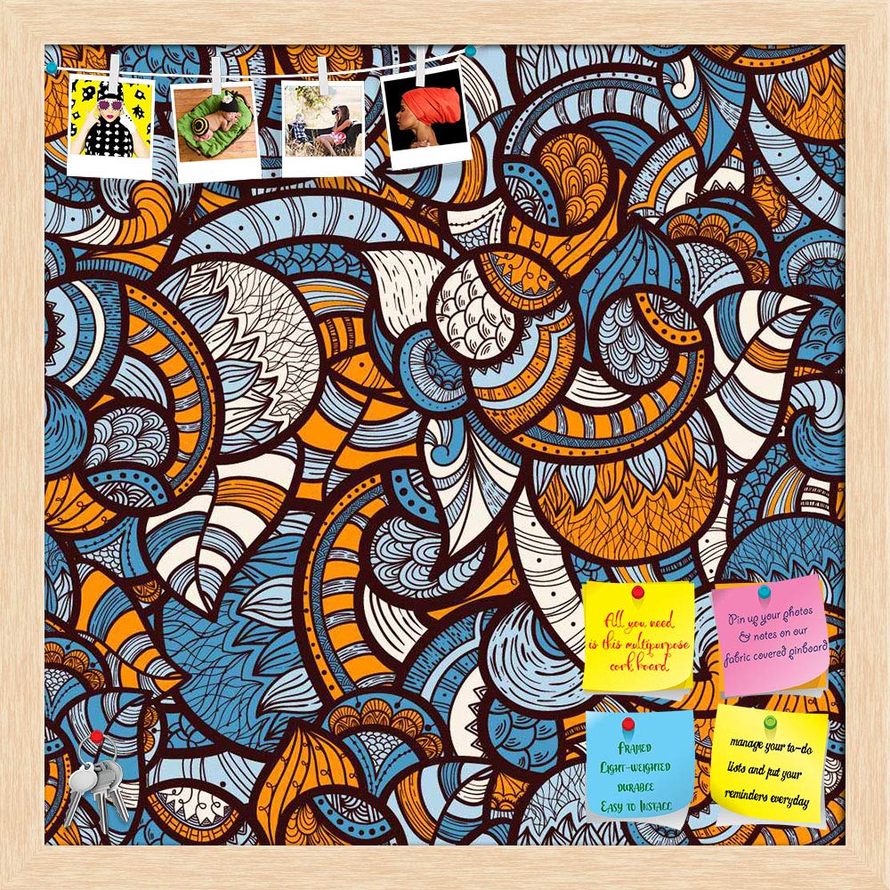 ArtzFolio Ethnic Doodle | Bulletin Board Notice Pin Board | Vision Soft Board Combo with Thumb Push Pins & Sticky Notes | Natural Brown Frame | 24 x 24 inch (61 x 61 cms)