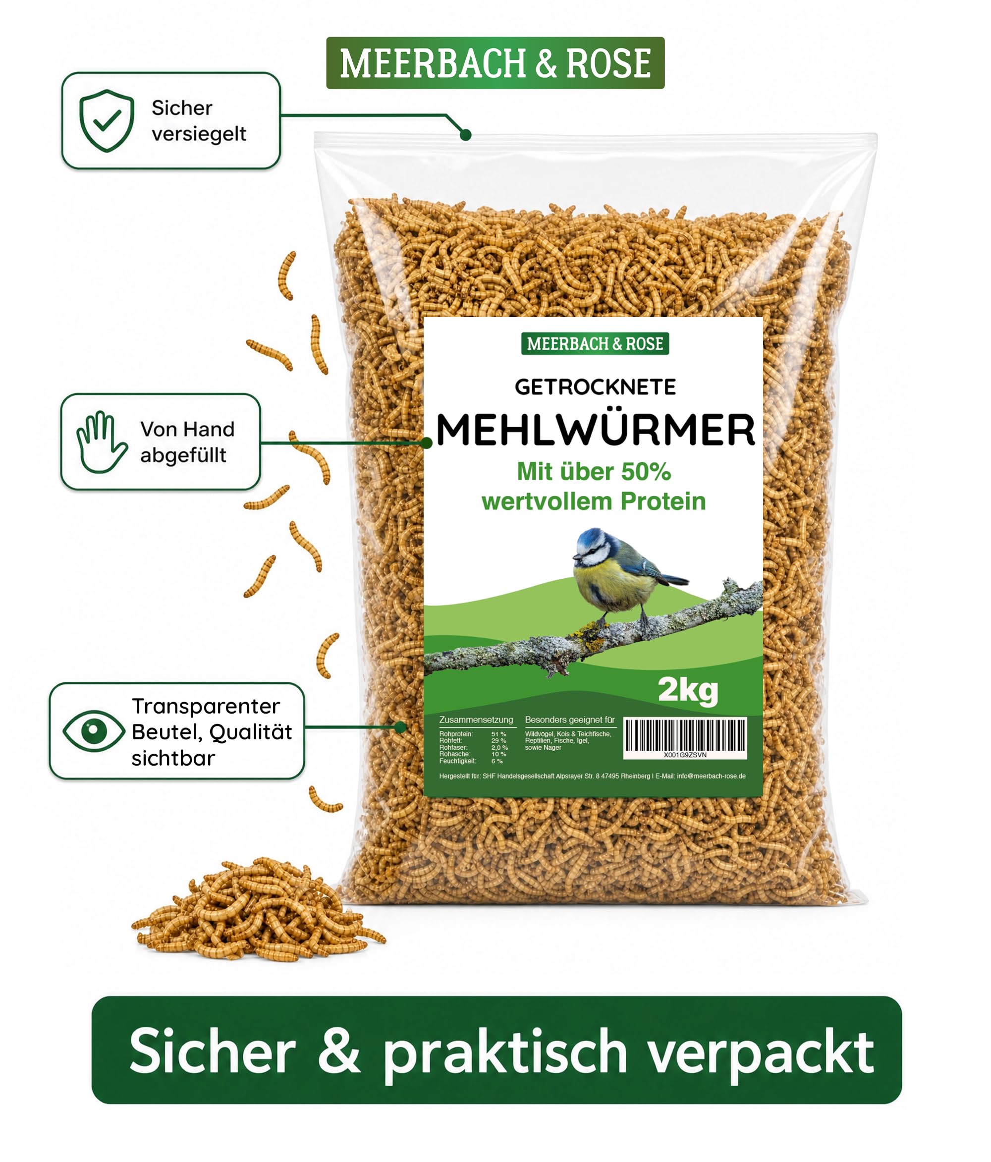 Harina seca 2 kg de capacidad (equivalente a 13 litros) | Snack rico en proteínas para pájaros, aves silvestres, peces, reptiles y roedores. MEERBACH & ROSE - Calidad de Alemania