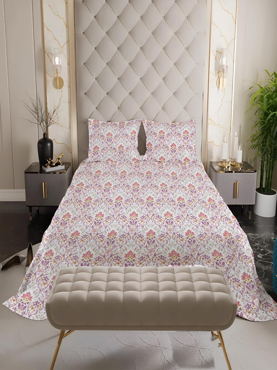 Queen Size Flat Bedsheet with 2 Pillow Covers | 200 TC | 100% Cotton | Floral Design | Ultrasoft | Breathable | Wrinkle Free | Pink | 222 x 244 CM