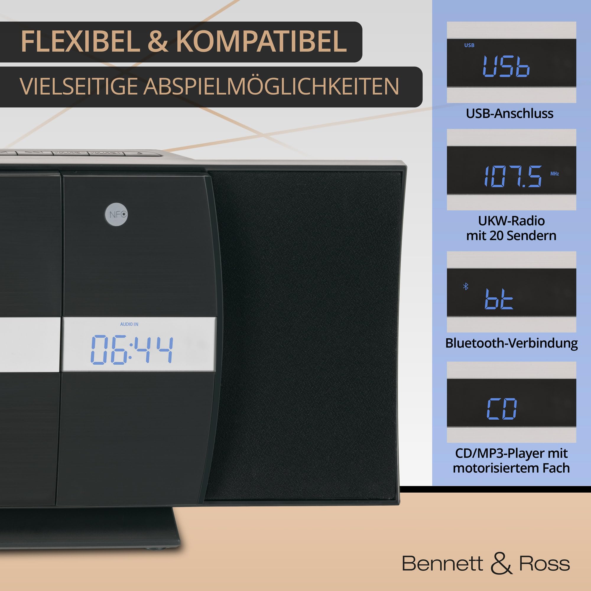 Bennett & Ross Ålesund Impianto stereo verticale - Microchaîne hi-fi avec lecteur CD, MP3, fonction UKW, USB et Bluetooth avec NFC - Installation sur pied ou murale - Telecomando incluso - Nero