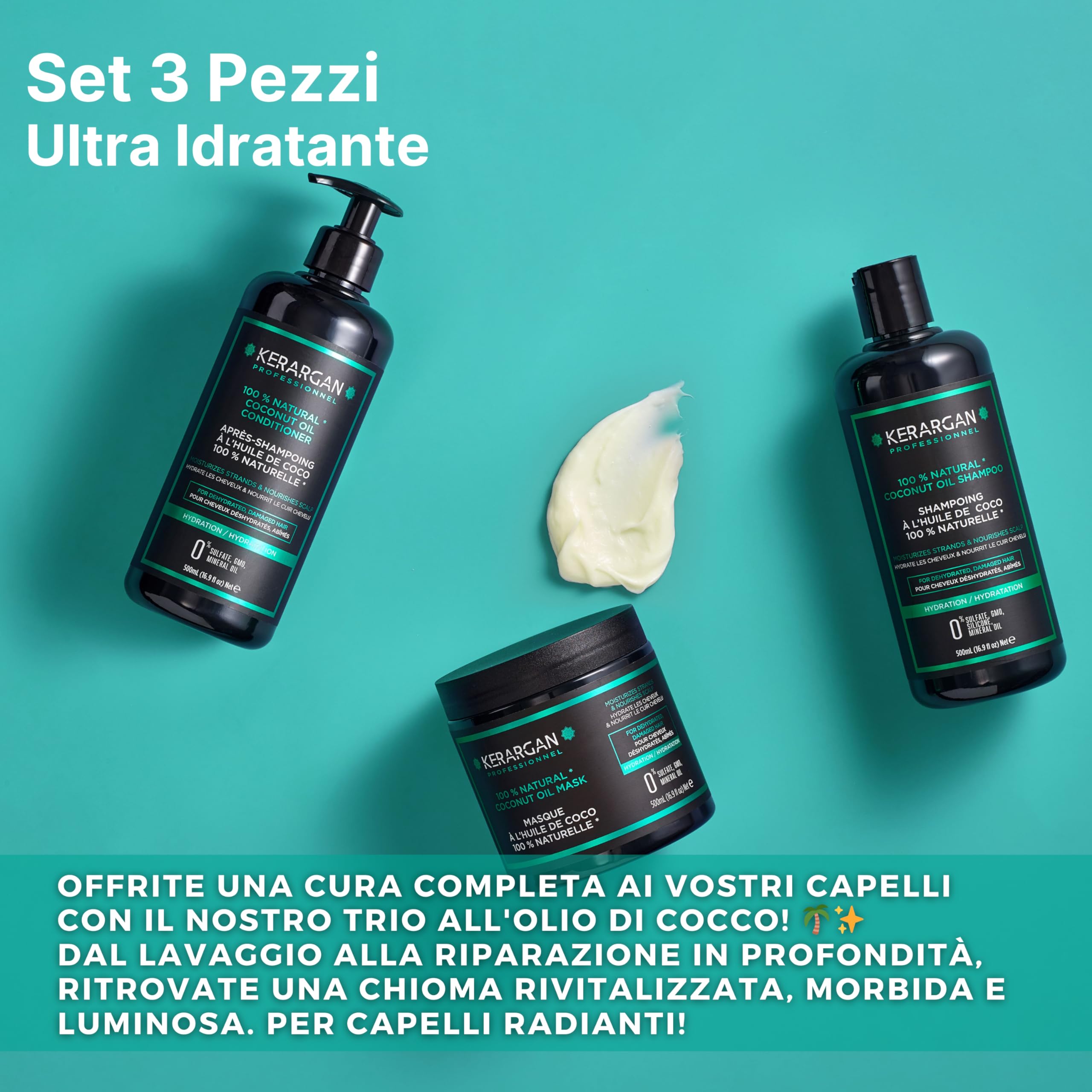 Kerargan - Trio Idratante Shampoo, Balsamo & Maschera all’Olio di Cocco - Idratazione Profonda per Capelli Danneggiati e Secchi - Senza Solfati, GMO, Silicone - 3x500 ml | Shampoo, balsamo e maschera al cocco, routine idratante completa per capelli secchi