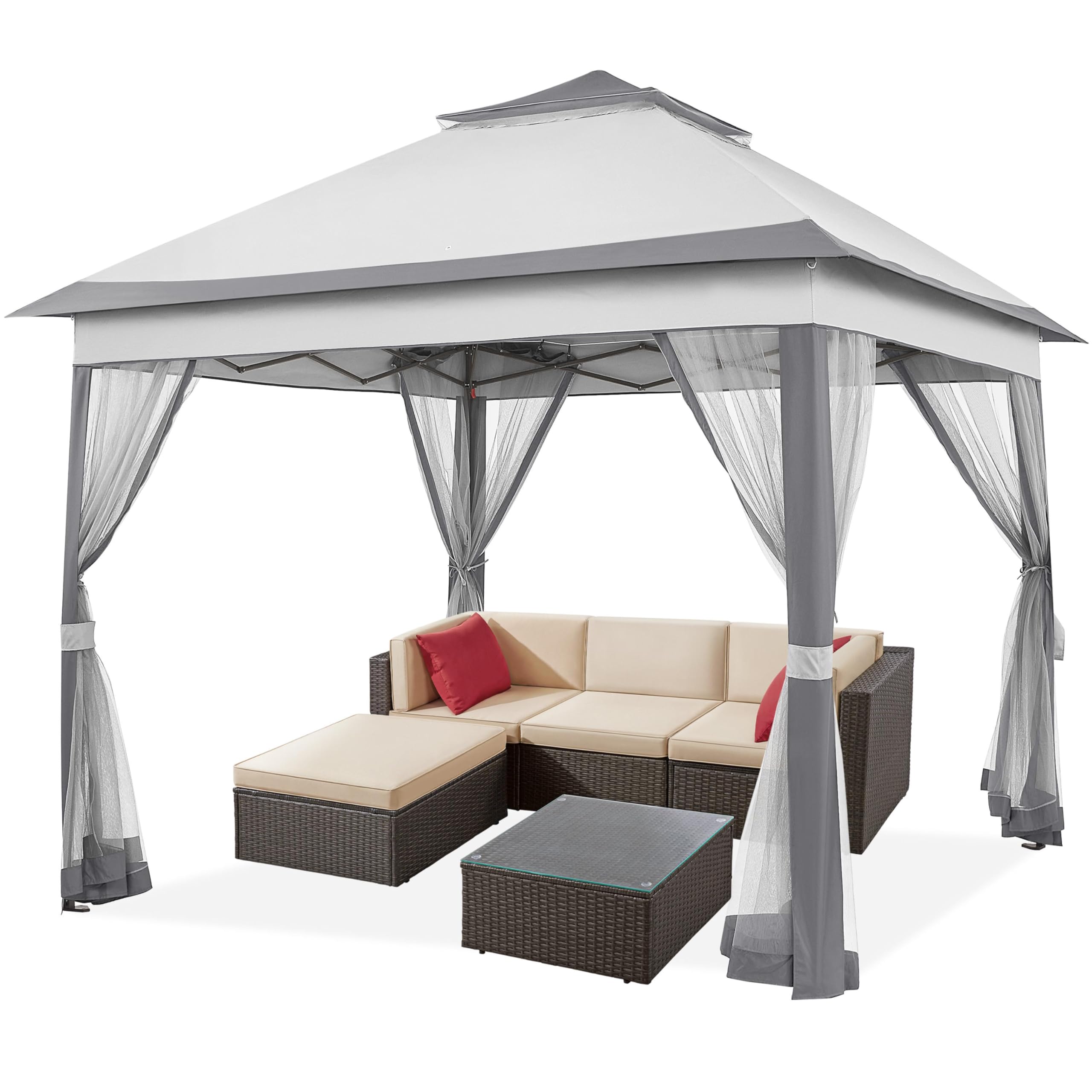 Yaheetech Gazebo 3.3 x 3.3 m Waterproof Stable Pop Up Folding Gazebo, Height-Adjustable Garden Gazebo with 4 Mosquito Net Side Panels  Double Roof, Party Tent with Carry Bag, Light Grey + Dark