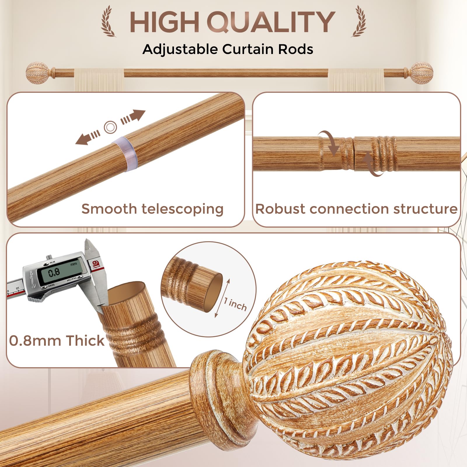 Confezione da 2 aste per tende in legno per finestre da 122 a 213 cm, diametro 2,5 cm, regolabili, rustiche, resistenti, stile bohémien, con venature del legno, dimensioni: 76-223 cm