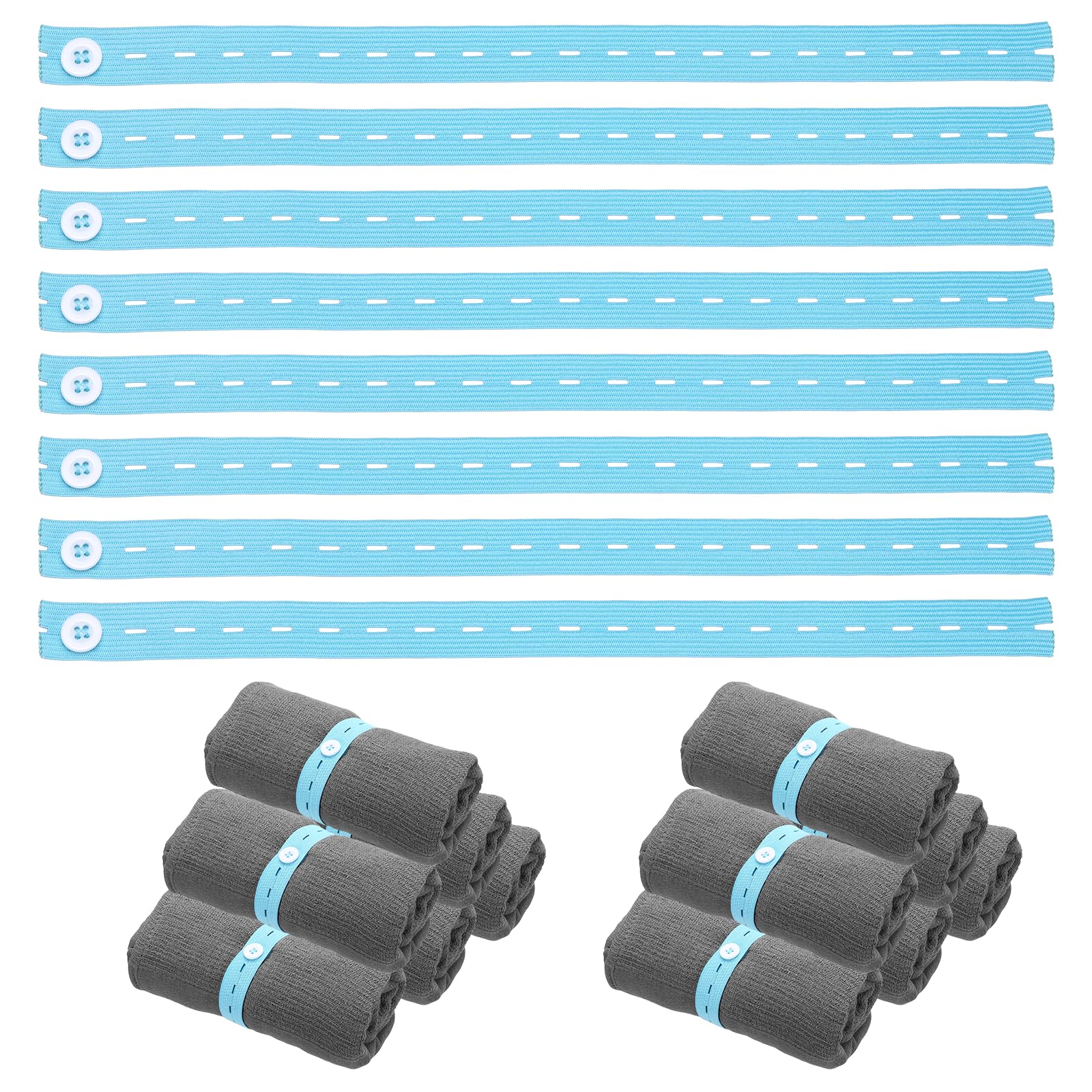 sourcing map 25Pcs Roll-up Clothes Storage Elastic Band, Adjustable Clothing Storage Strap with Button Travel Luggage Space Saver for Drawer Closet Bedsheet Towel Pants, Lake Blue