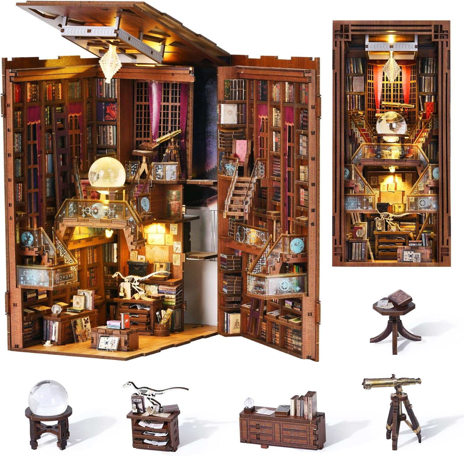MiniCity Book Nook Kit, DIY Miniature Dollhouse Booknook Kit, 3D Wooden Puzzle Bookend Bookshelf Insert Decor with LED Light for Teens and Adults (Beyond Library)