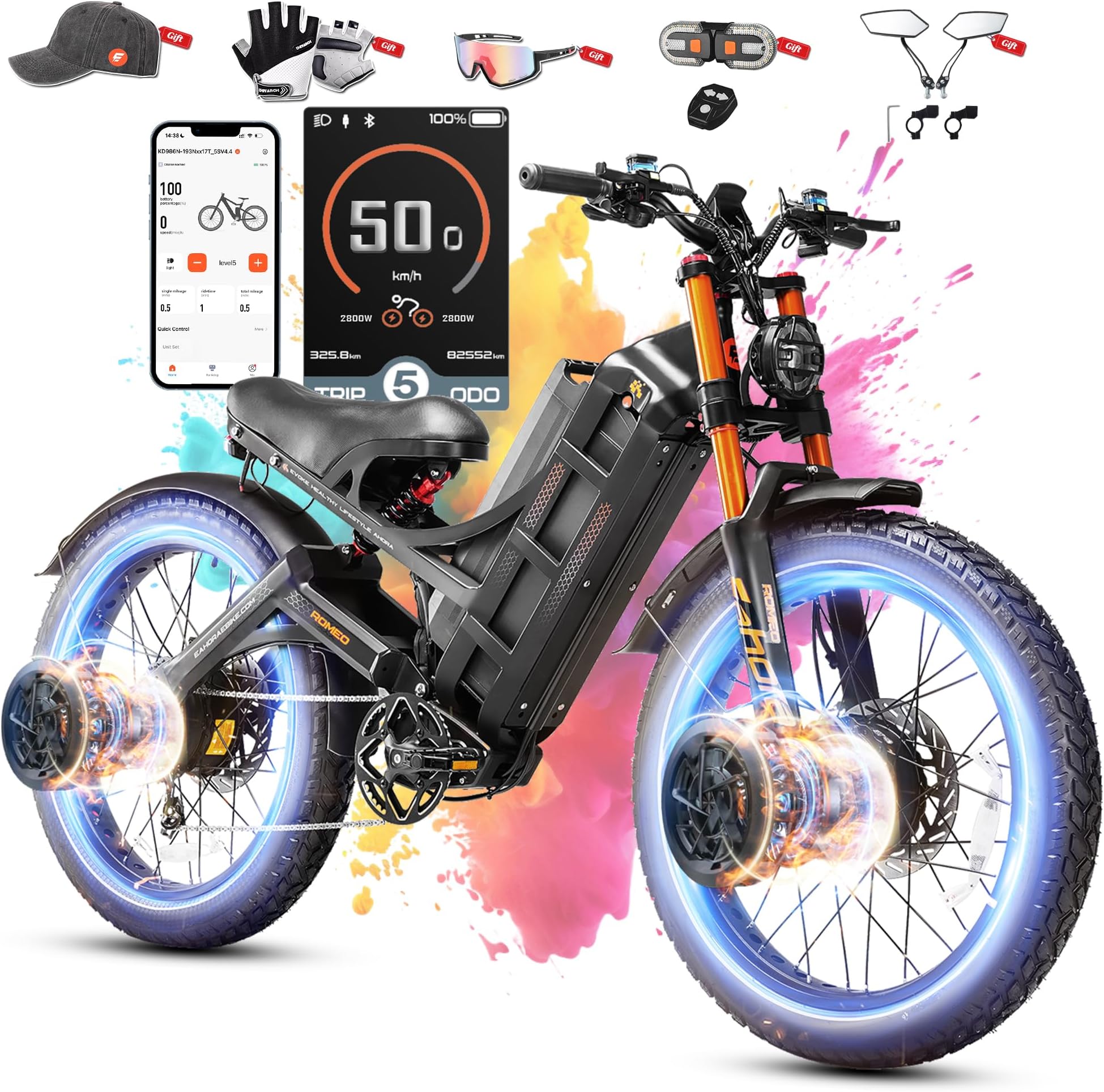 2026 eAhora Romeo Pro 3/2 50-46 Mph Electric Bike for Adults, 5600W/4000W/2500W Dual Motor Ebike 60V 80Ah/52V 70Ah Battery 200 Miles Long Range, 26*4.0"/20*4.5" Fat Tire, Full Suspension, All Terrain