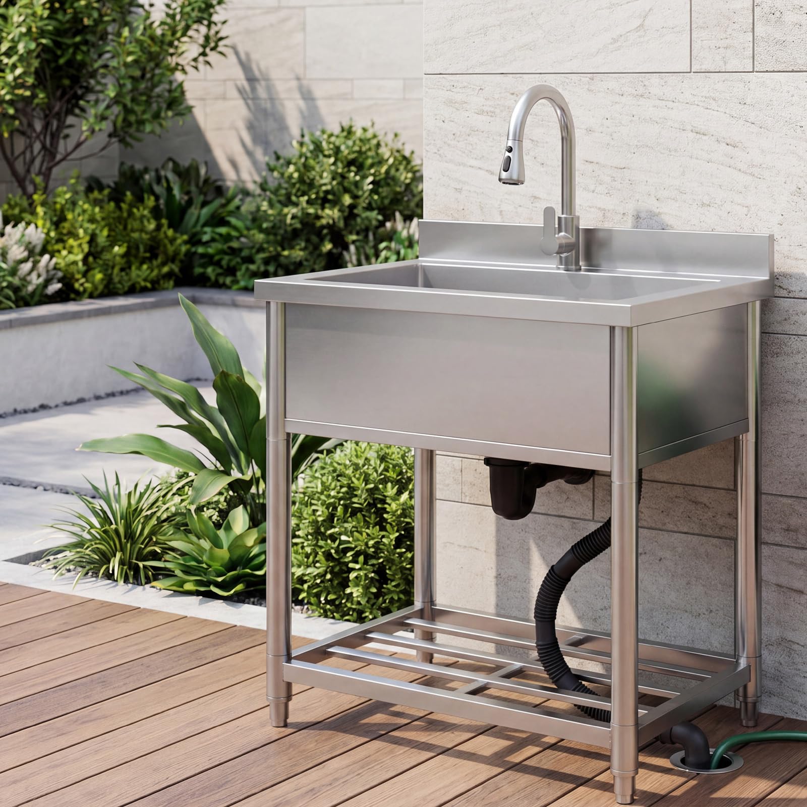 70cm Gran Fregadero de Acero Inoxidable Independiente con Grifo | Fregadero de Cocina Comercial, Fregadero de Inox para Exterior, Cocina, Lavadero, 57 x 90 x 94 cm