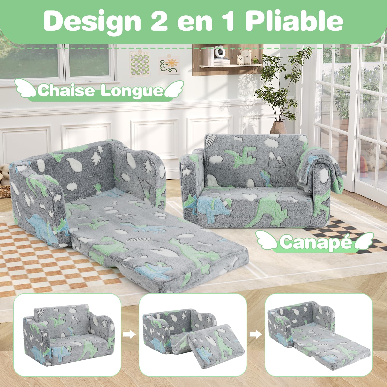 DREAMADE Canapé Enfants Brille dans Le Noir,2 en 1 Canapé Convertible Tout-Petits avec Couverture,Housse Amovible&Lavable en Machine,Fauteuil Pliable pour Garçons Filles 3+Ans (Gris+Dinosaure)