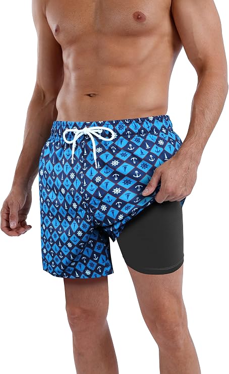 Mens Swim Trunks Compression Liner Quick Dry 5.5'' Swimwear Swim Shorts With Boxer Brief Lined