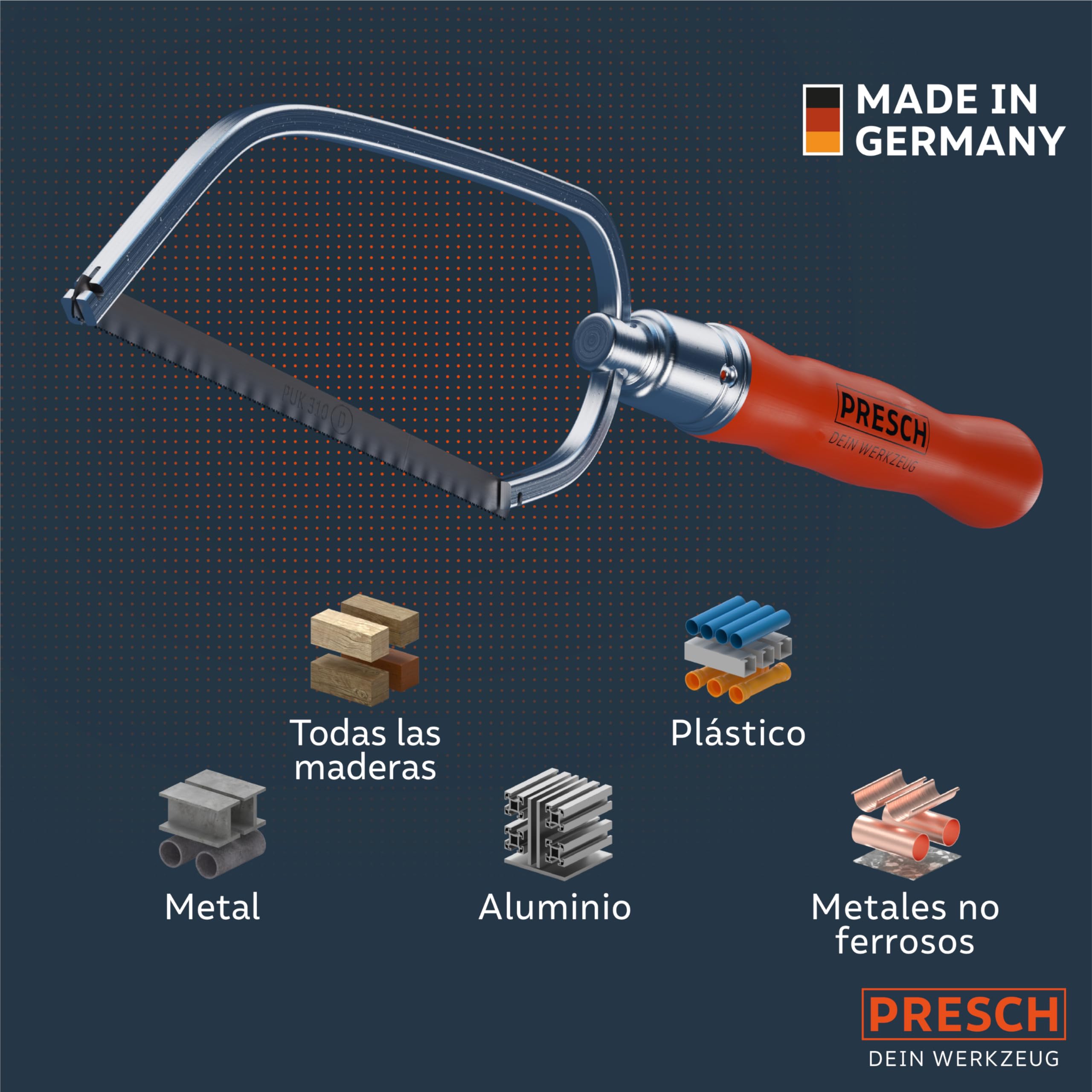 Presch Sierra de arco plegable PUK 150mm incl. hoja de sierra universal - Sierra plegable PUK con mango ajustable - Sierra pequeña para metal no ferroso, plástico, aluminio, todas las maderas
