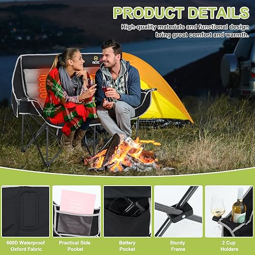 Miniatura 7 de Nice C Silla de camping con calefacción con batería, sillas plegables con calefacción para exteriores, silla de campamento doble acolchada para
