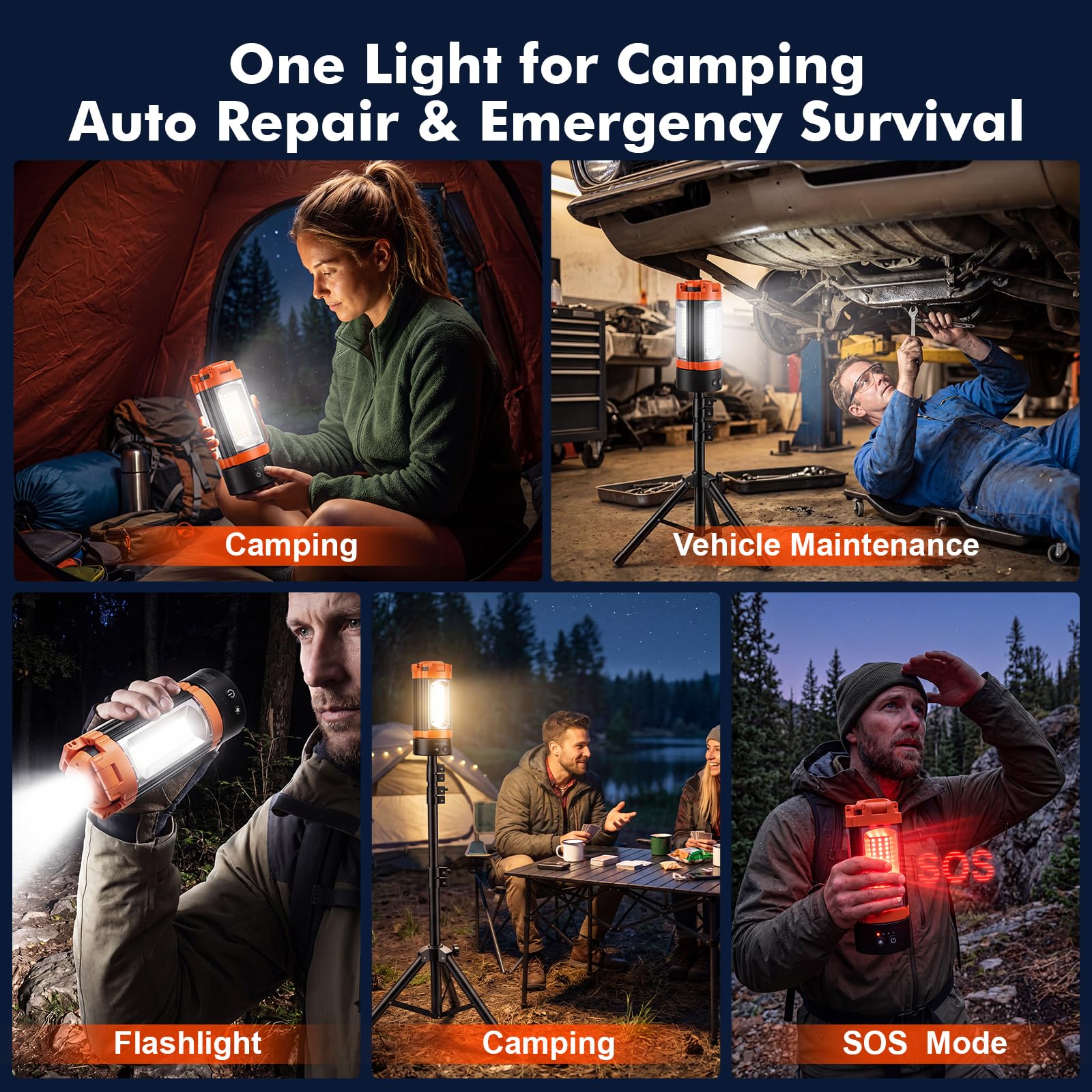 Lampe de camping rechargeable 12 000 mAh avec support réglable, lampe de travail sans fil avec 3 têtes de lampe LED, 2200 lumens à intensité variable, lampe de poche d'urgence magnétique avec trépied