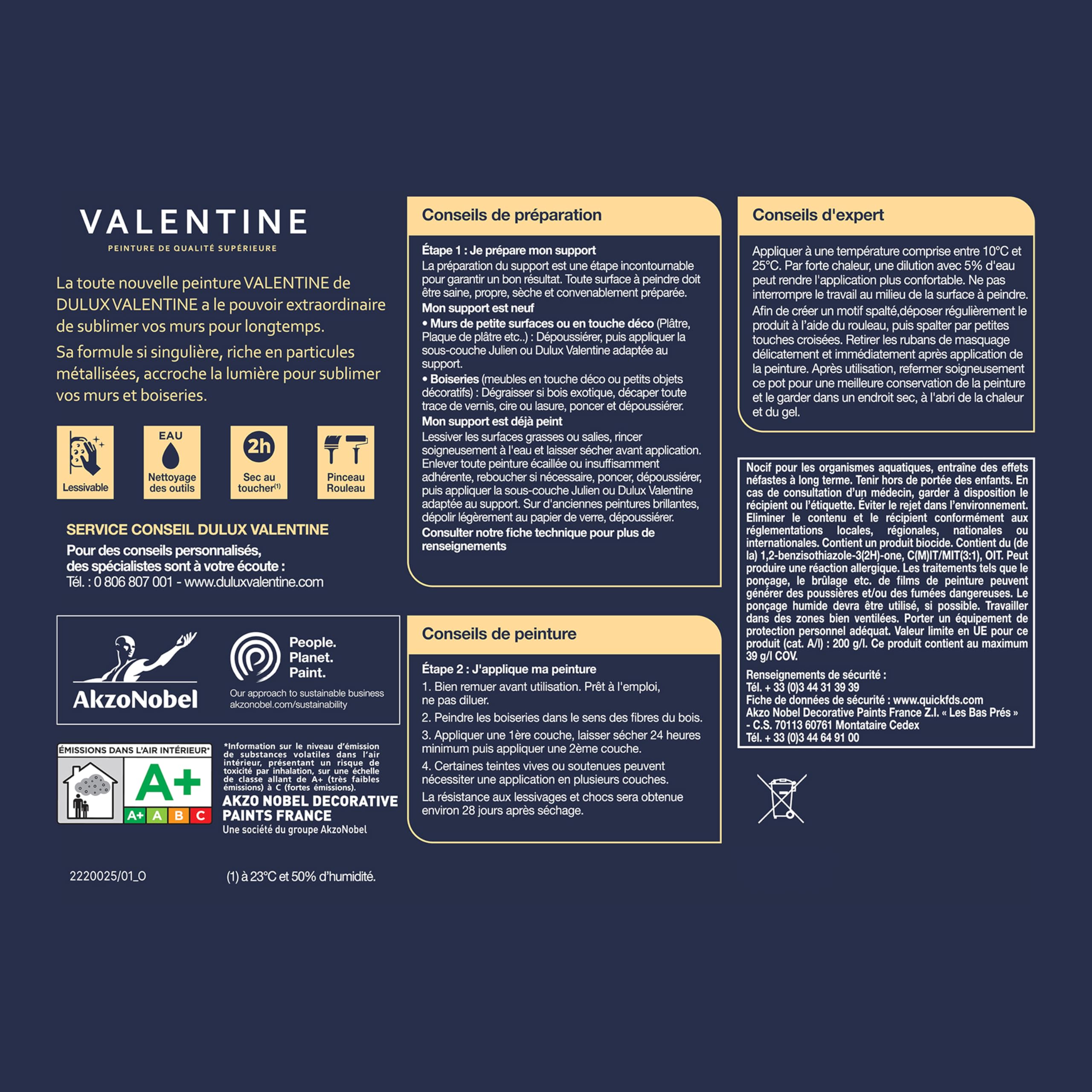 Dulux Valentine - La VALENTINE - Peinture intérieure en phase aqueuse de haute qualité - Couleur intense & pouvoir couvrant élevé - Mat Velouté Éclat doré 1 L