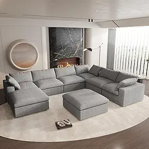 Cloud Modular Sectional Sofa,160" Oversized U Shaped Sofa Couch with Storage Ottoman,8 Seater Sofa Wide Deep Seat Couches,Sofa Covers Washable&Replaceable,Grey