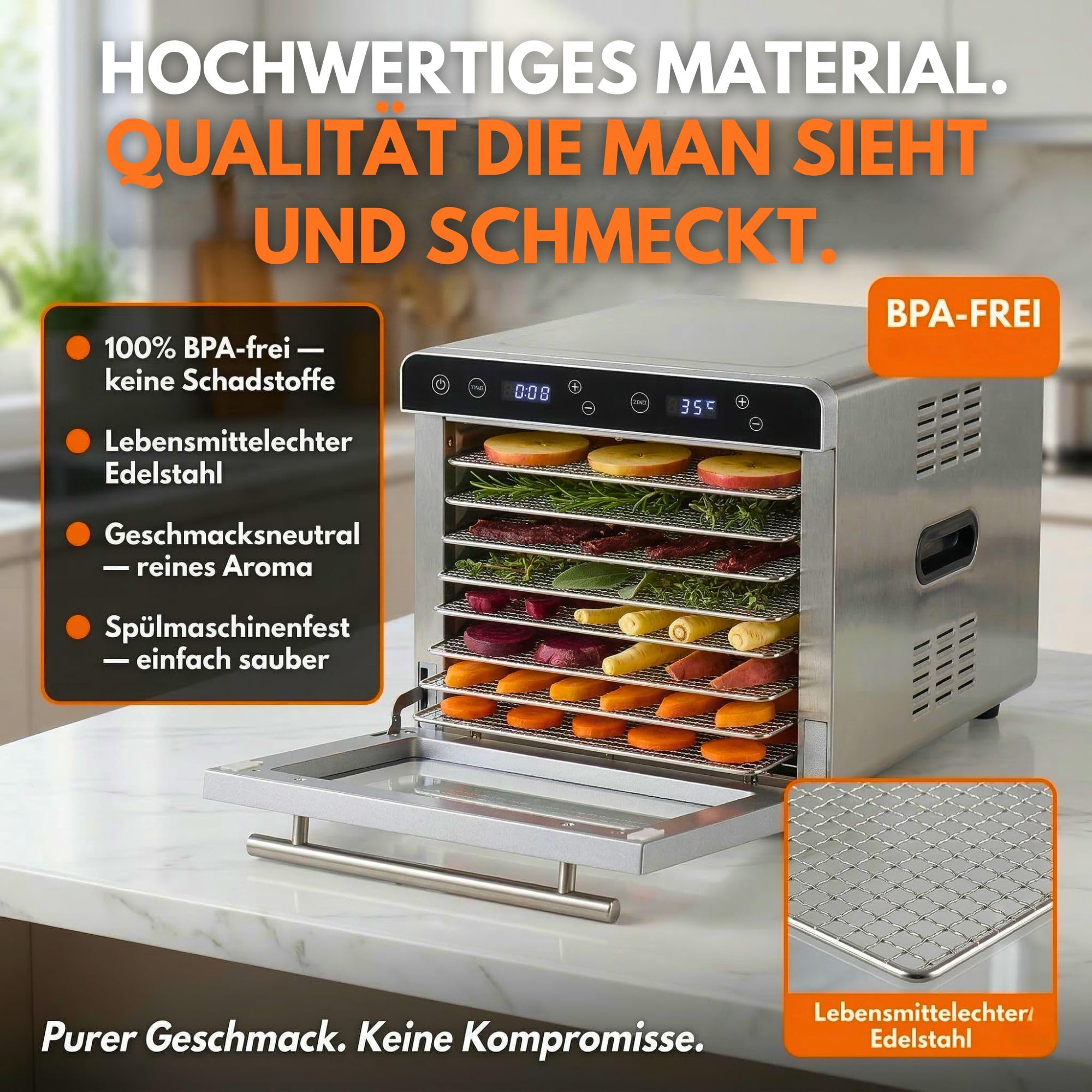 Sommertal Dörrautomat Silence 700 XXL | 8 Edelstahlgitter, 700W, BPA-frei | Food Dehydrator, Timer, LED-Display, Temperatur 35-85°C, Rezeptbuch, Dörrgerät für Obst, Fleisch, Gemüse & Kräuter