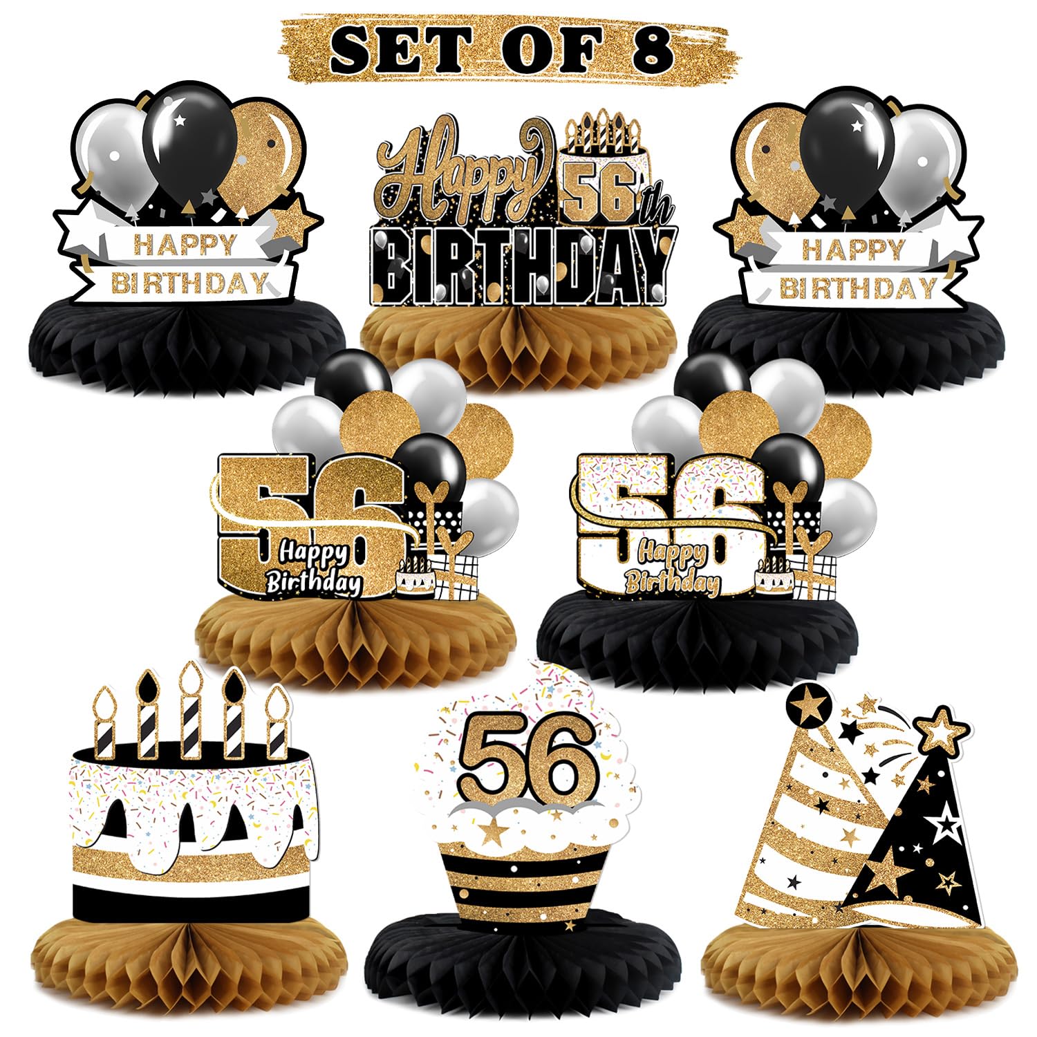 LINGTEER Happy 56th Birthday Decorations,8 Pcs Black & Gold Table Topper Centerpieces Set - Cheers to 56 Years Old Quick Birthday Party Decorations