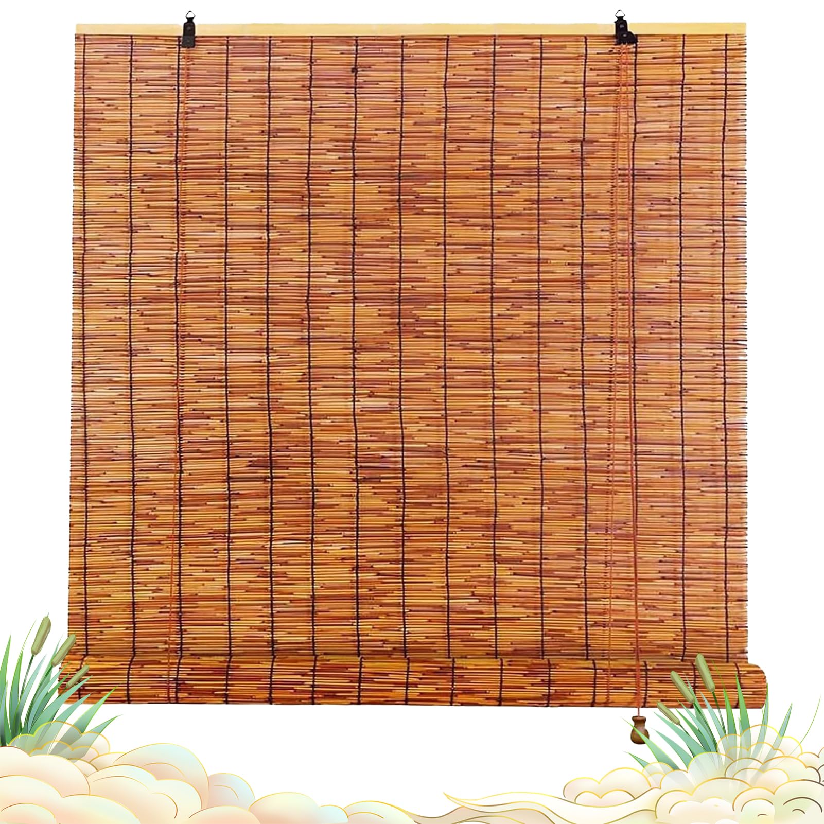 Bamboo Blinds Outdoor Wide Retro Bamboo Roller Blinds Waterproof Natural Reed Curtains for Doorways Shade With Lifter Sunshade 40 60 80 100 120 140 160 180cm Roman Blinds For Kitchen Pergola Windows
