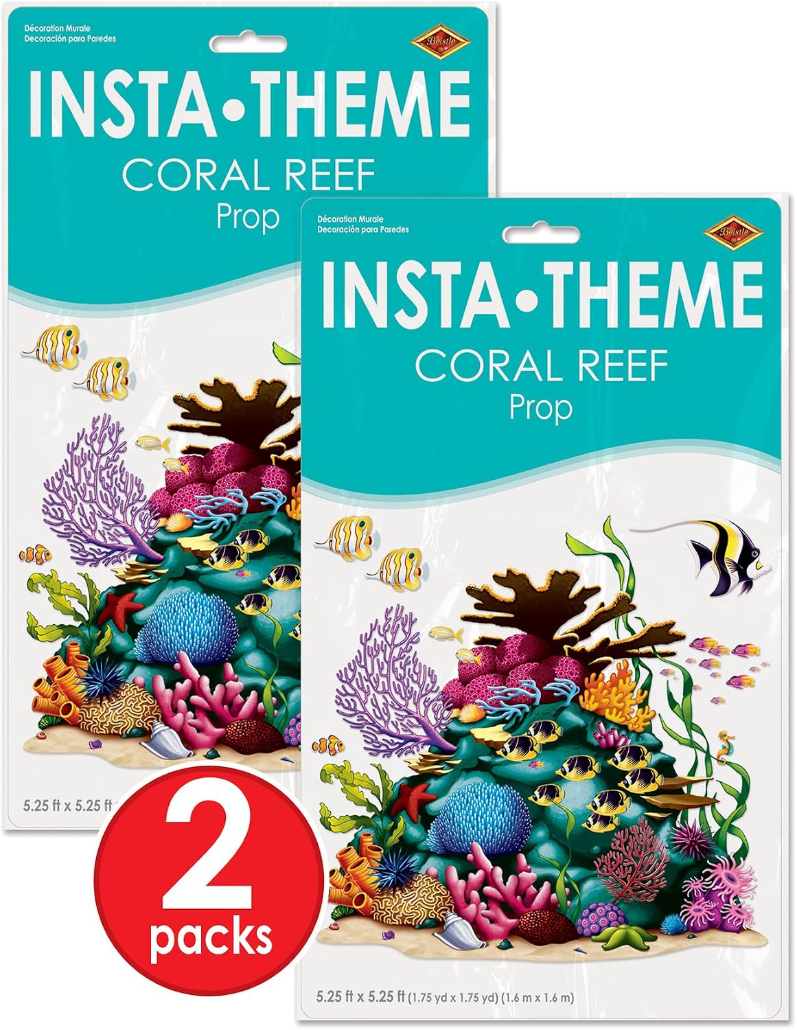 Beistle Coral Reef Wall Decoration Props – 2 Undersea Ocean Scene Photo Backdrop Kits, Tropical Luau Party Background, Thin Plastic Wall Display Sheets Left Right Design Set, 5 Ft 3 In X 5 Ft 3 In