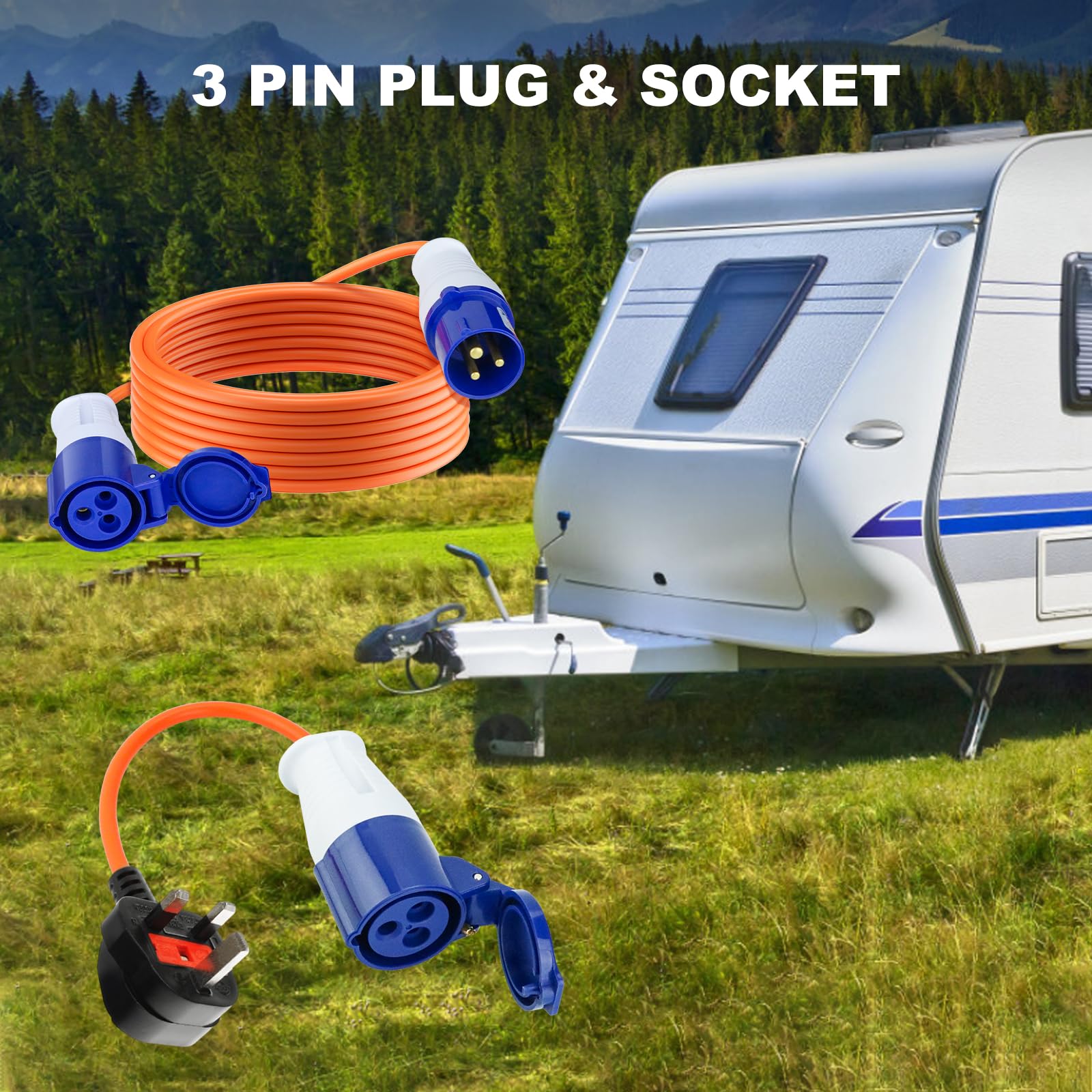 10m Caravan Hook Up Cable - 240V 16A Camping Extension Lead with 3 Pin Fly Lead Converter and Carrying Bag, Power Cord Electric Extension Cable for Motorhomes Campervans - 3