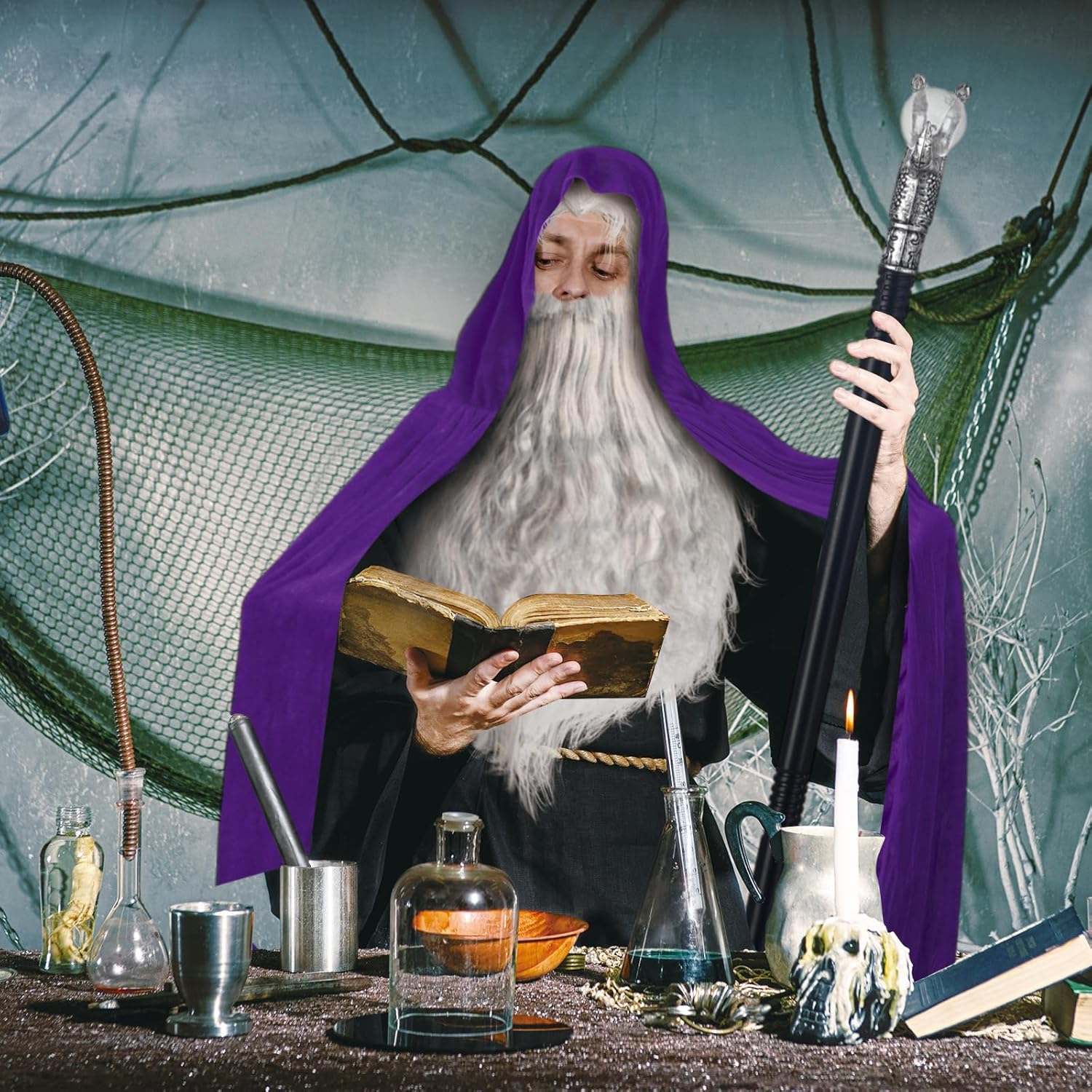 Hicarer 4 Pcs Halloween Wizard Costume Set Include Wizard Hat Cloak Wig Beard Wand Costume Accessories for Adults - Image 6