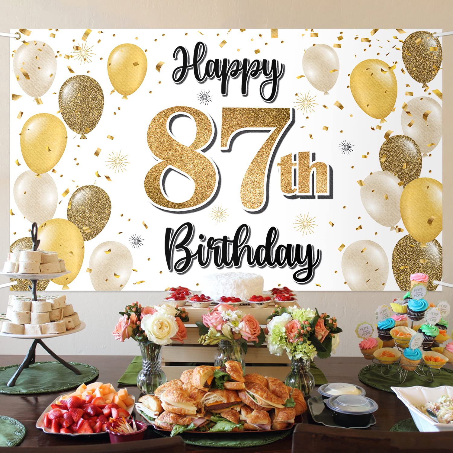 PAKBOOM Happy 87th Birthday Yard Sign & Door Banner - Black And Gold Cheers Decorations For 87th Party Supplies