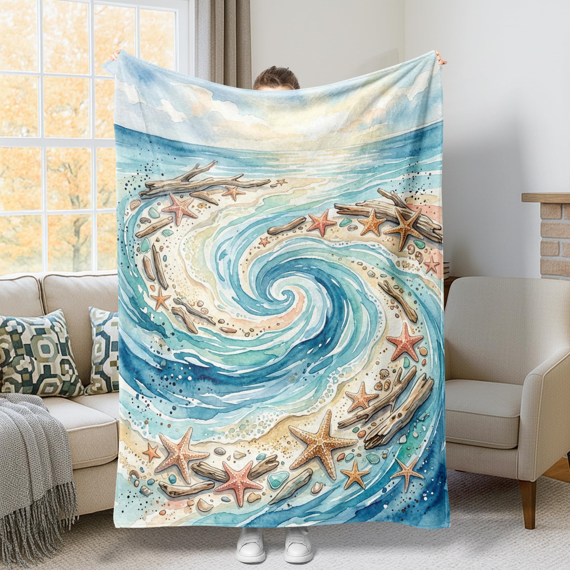 Couverture en polaire motif vagues bleu été - Plaid doux et confortable 152x203 cm