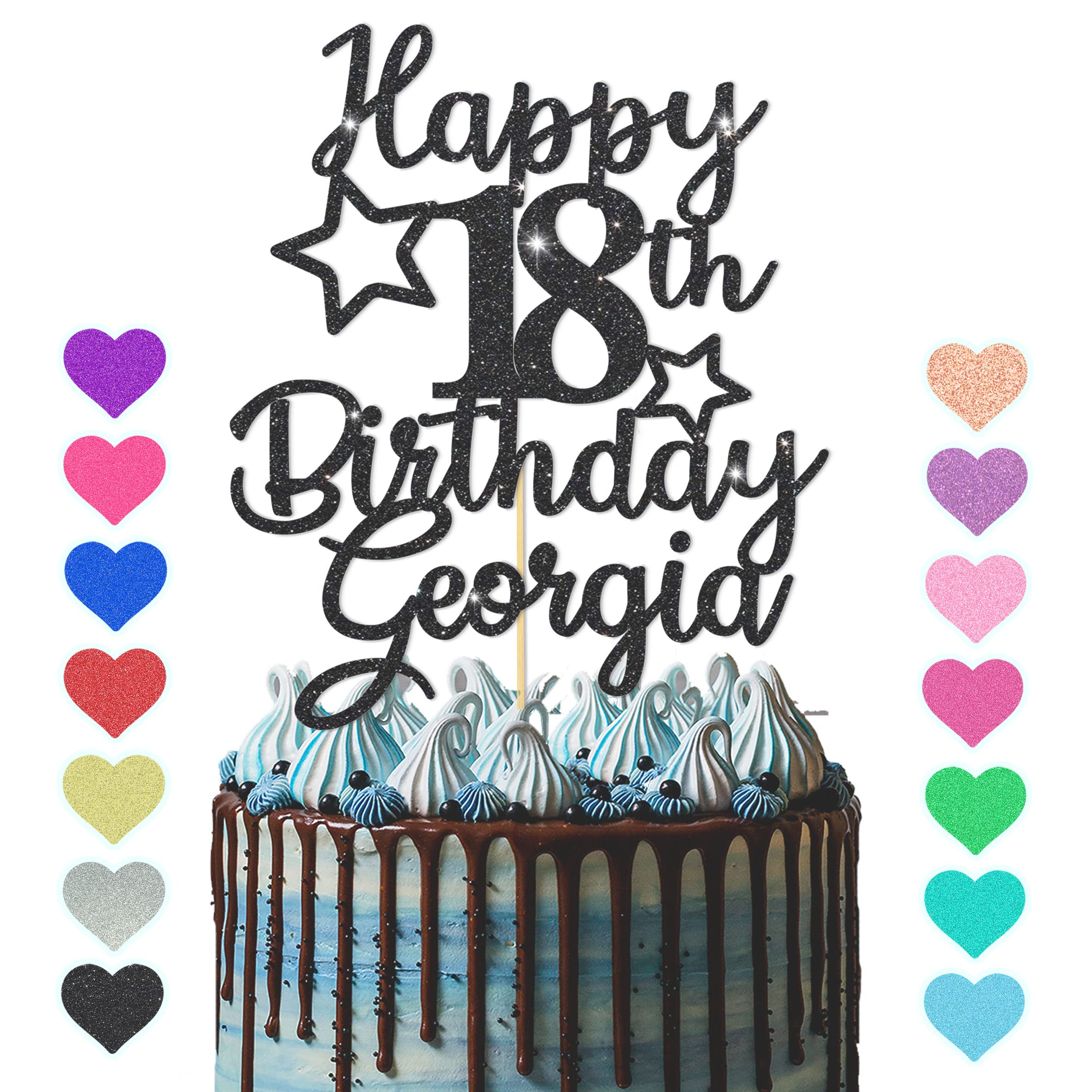 GuteGifts Personalised Happy Birthday Cake Topper | Custom Party Decoration with Any Name Age | Multicolour Glitter Cake Topper 13th 16th 18th 21st 30th 50th 60th 80th Handmade in UK (Black)