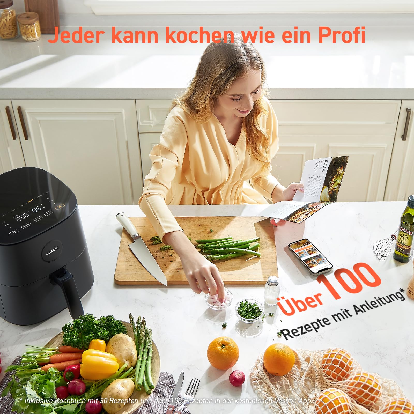 COSORI Airfryer | 4,7L 7-in-1 Heissluftfritteuse | Max 230℃ & 55dB leise Heißluftfritteuse | 100+ Rezpete | 55% Energiesparend | spülmaschinenfest | Hellgrau | L501