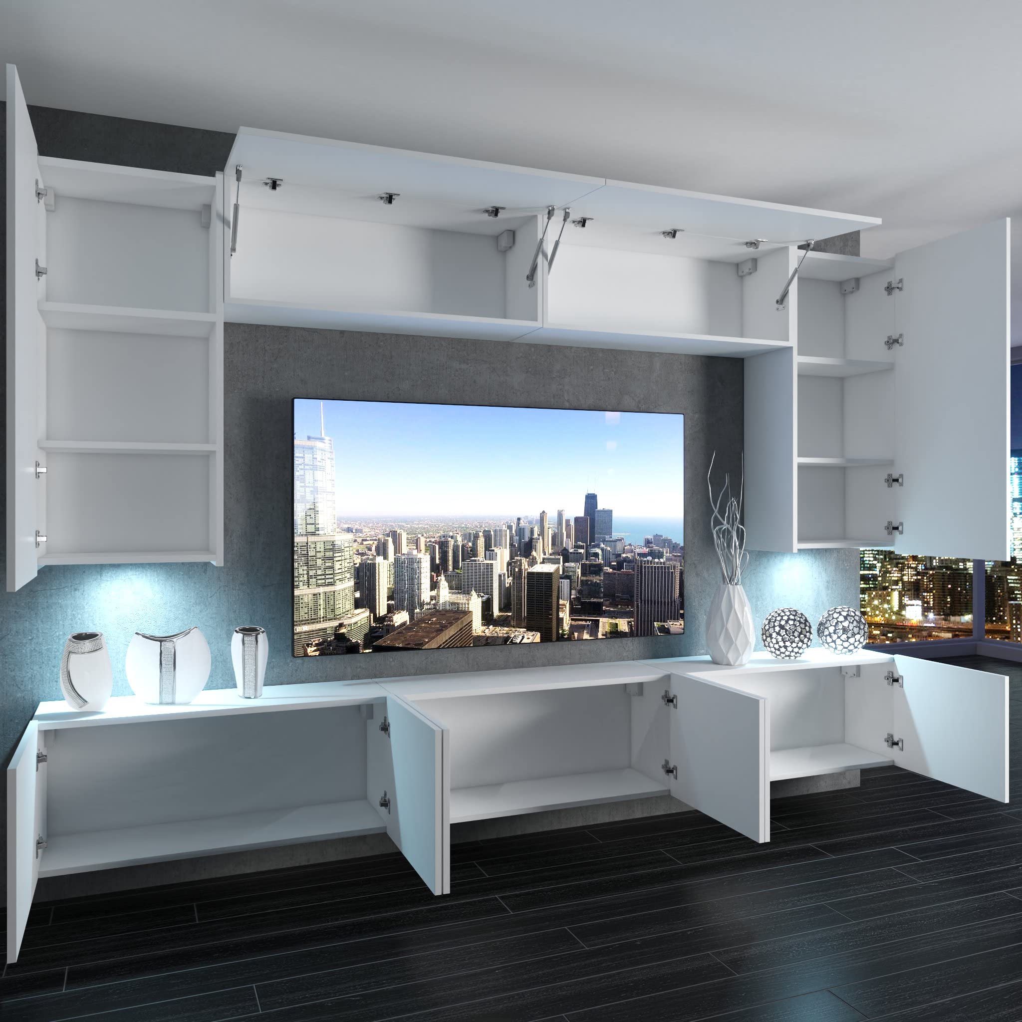 Belini - Set completo per soggiorno, moderna parete attrezzata con illuminazione a LED, mobile TV, design glamour, in legno