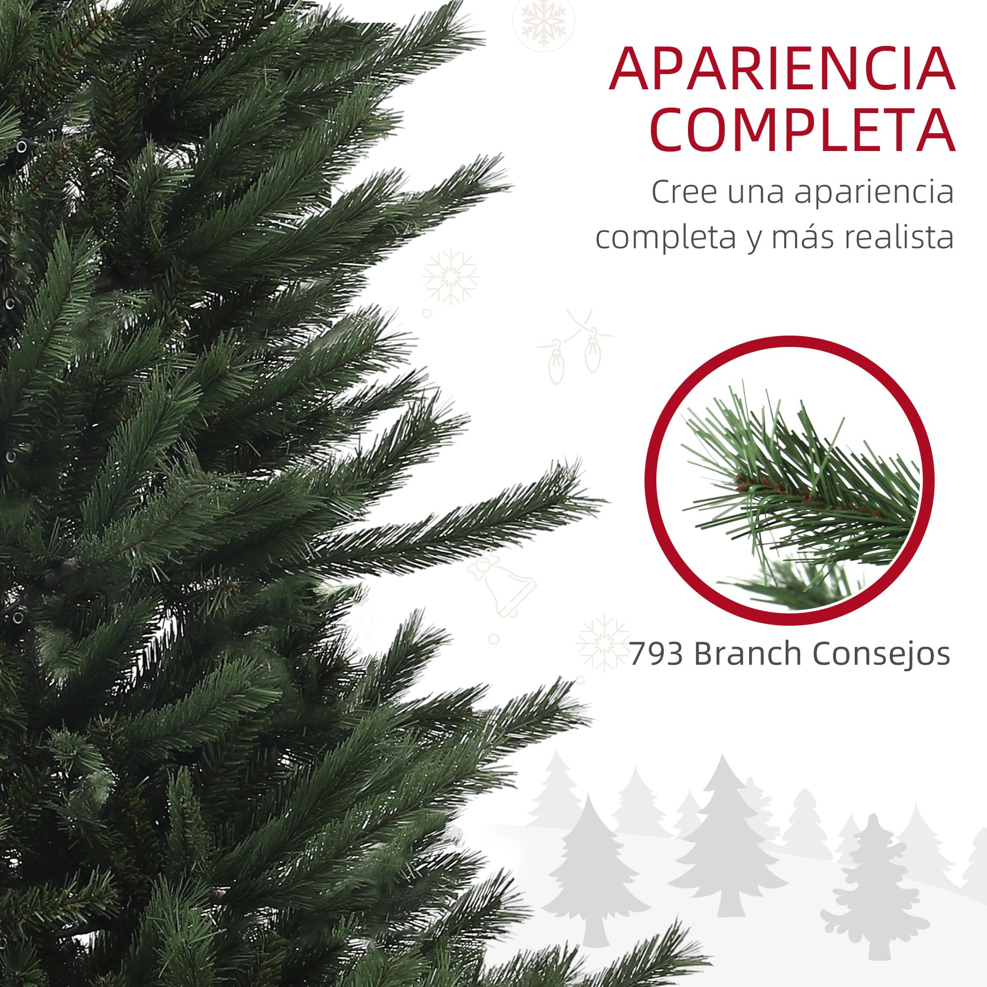 HOMCOM Árbol de Navidad 210 cm Árbol de Navidad Artificial con 793 Ramas y Soporte de Acero Árbol Navideño para Salón Interior Verde