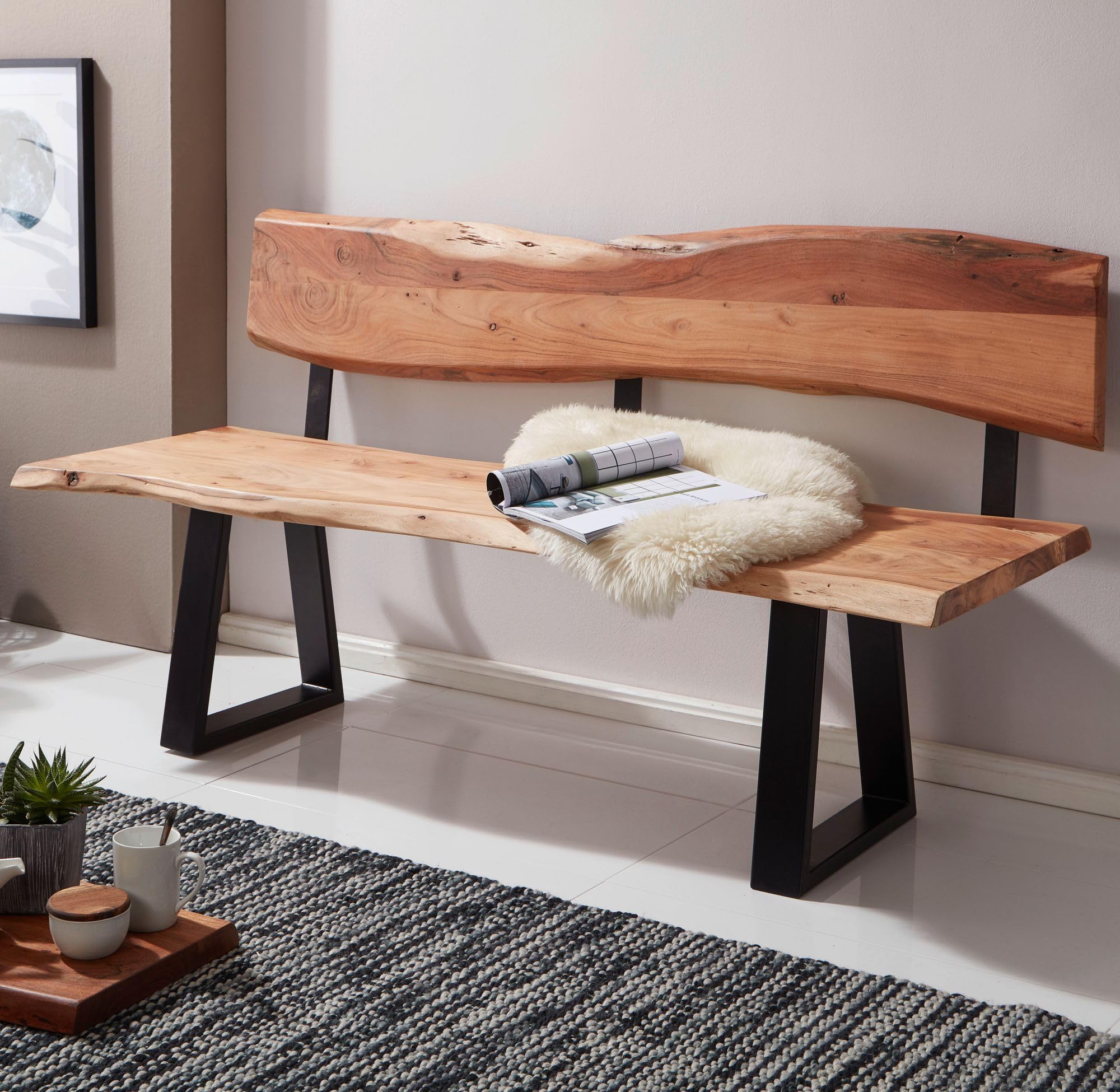 FineBuy Esszimmerbank 160x85,5x60 cm Akazie Massivholz Bank mit Baumkante, Sitzbank Holzbank mit Lehne, Küchenbank Essbank Holz Landhausstil, Baumstamm Küchensitzbank 3 Sitzer Massiv Braun