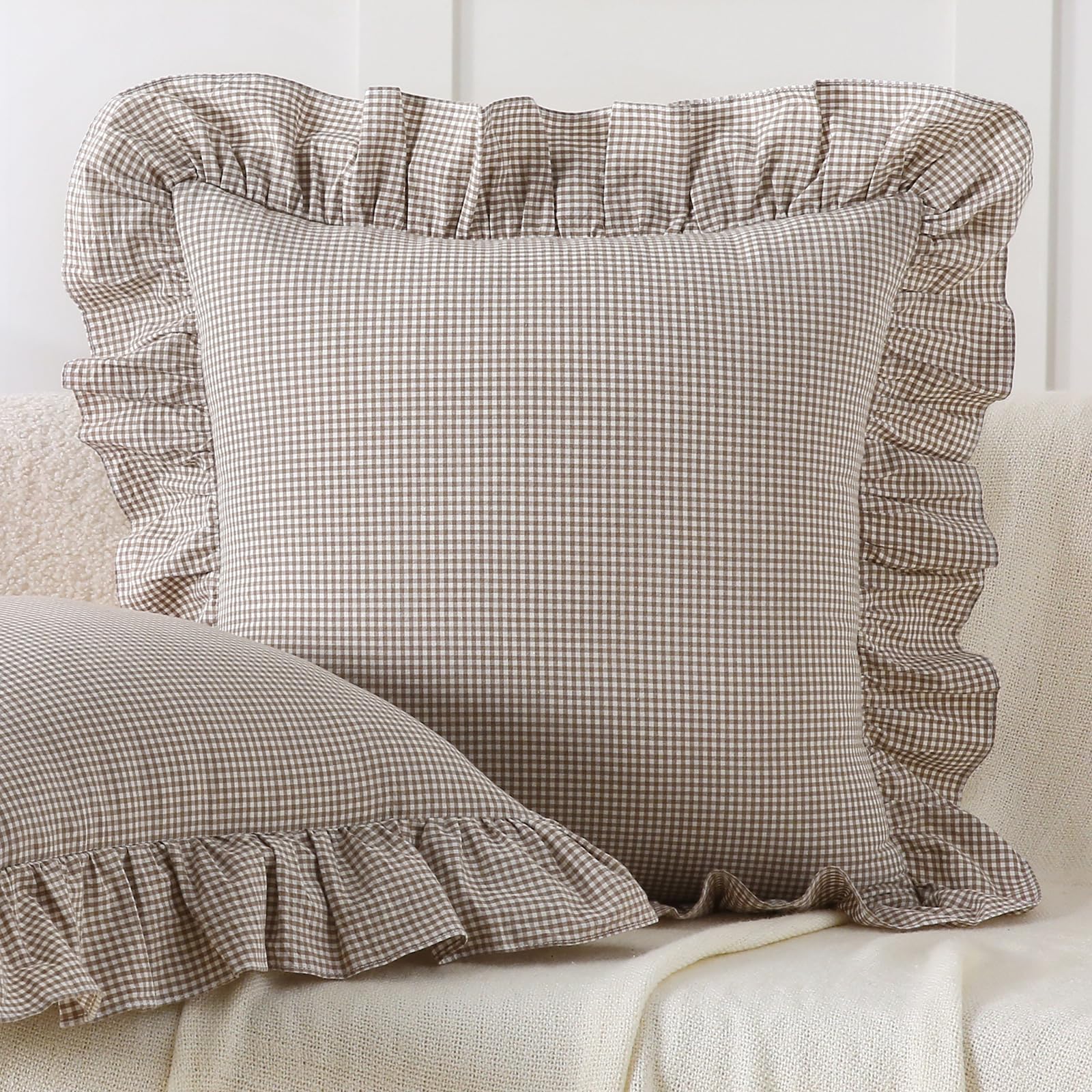 Aryeleay Brown and White Check Ruffle Pillow Cases Set of 2, Standard Size, 20x20 Inch, 100% Washed Cotton Pillow Cases for Bed/Couch (20x20 Inch, Brown/White Plaid) — image 1