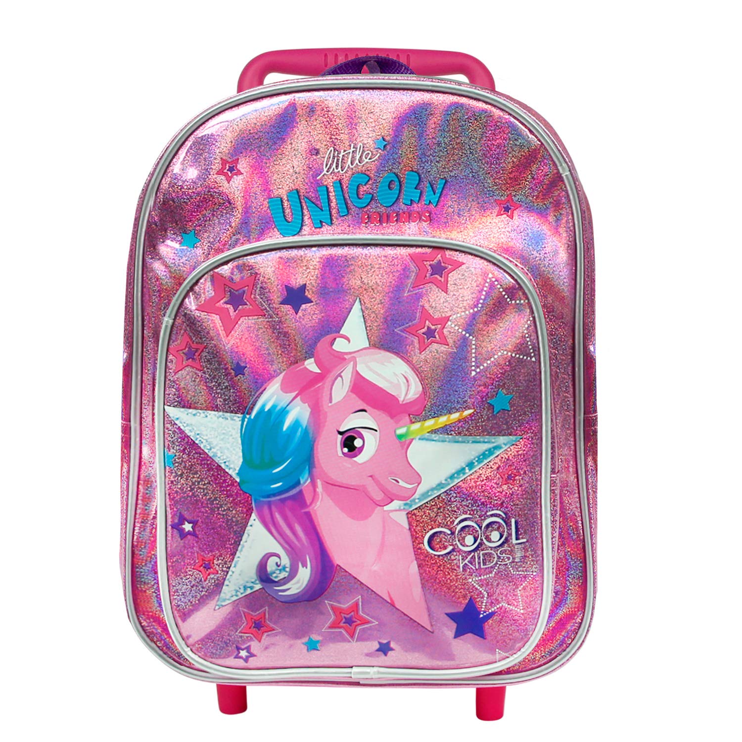 PERLETTI Mini Trolley Bambino Bambina con Tascone - Zainetto Scuola Asilo Bimbo Bimba con Ruote e Spallacci - Borsa Bagaglio da Viaggio Olografica Catarifrangente - 36x26x15 cm