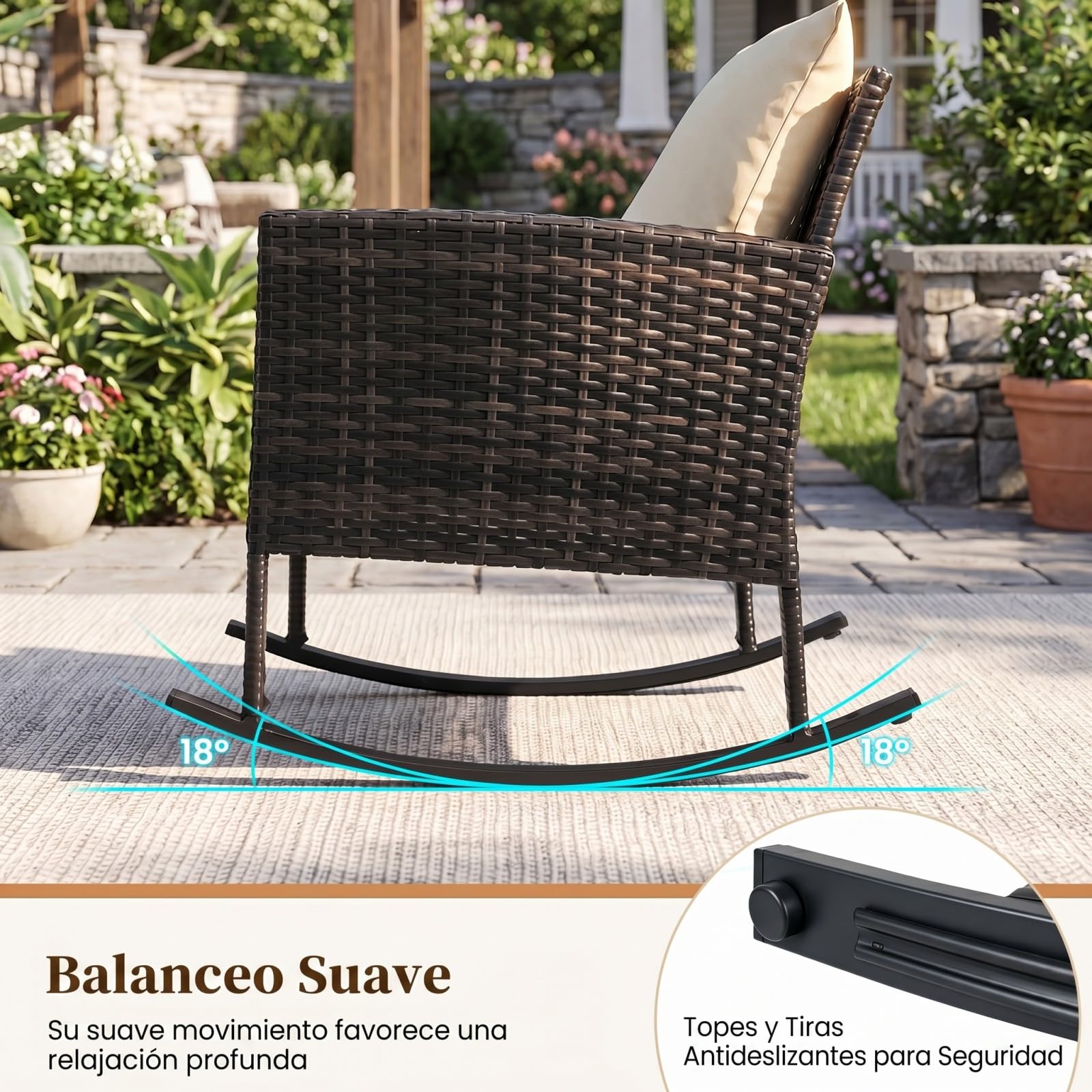 COSTWAY Conjunto Jardin Exterior de Ratán de 3 Piezas, Set de Mesa de Centro de Cristal Templado con 2 Sillones Mecedores, Cojines Suaves y Fundas Lavables, Muebles de Jardín para Terraza (Beige)