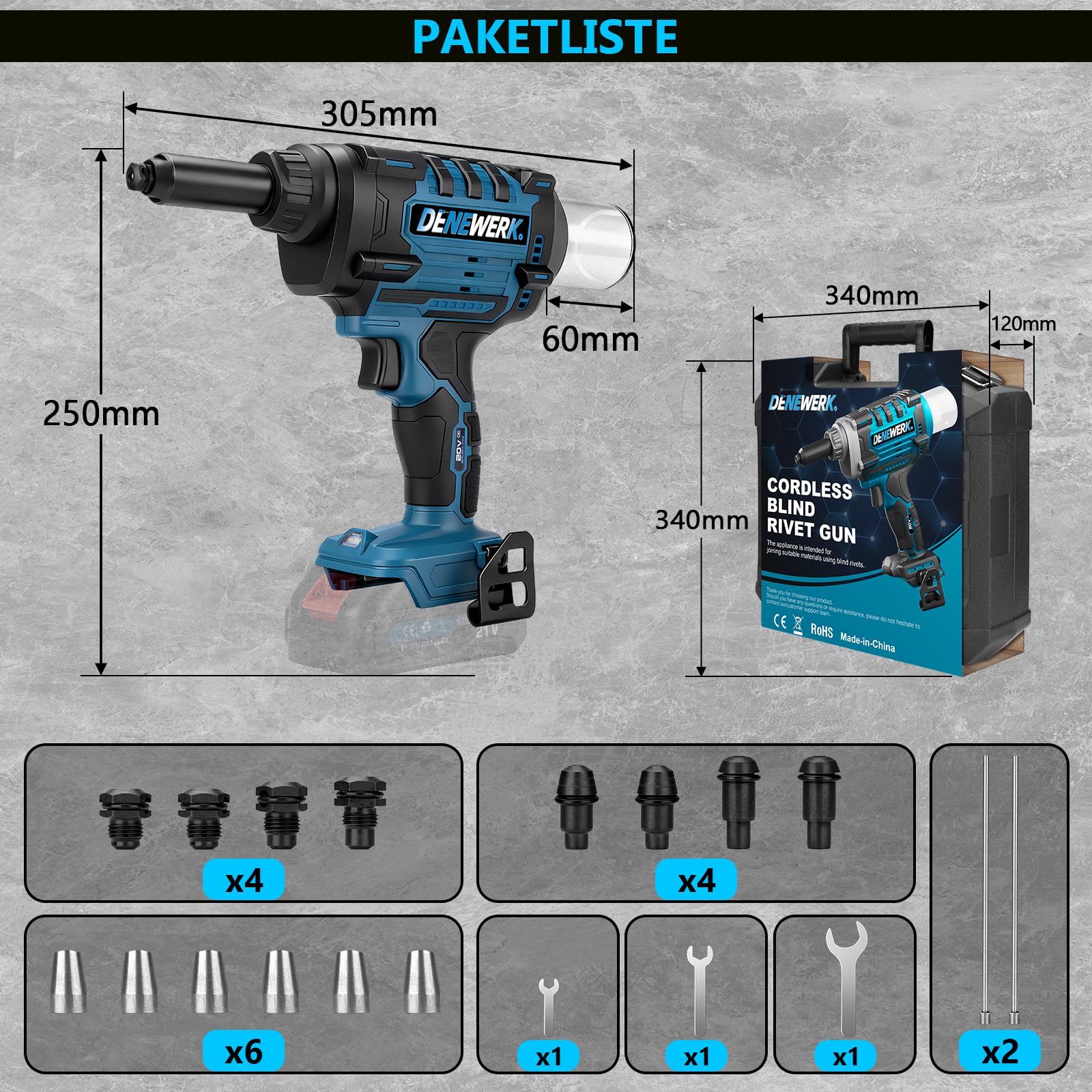Akku Nietzange Set, Nietpistole Bürstenlose Kompatibel mit Makita 18V Akku | Elektrische Popnietenzange Akku für 2.4-4.8mm Stahl-Blindnieten & 2.4-6mm Aluminium-Blindnieten, 25mm Hublänge (ohne Akku)