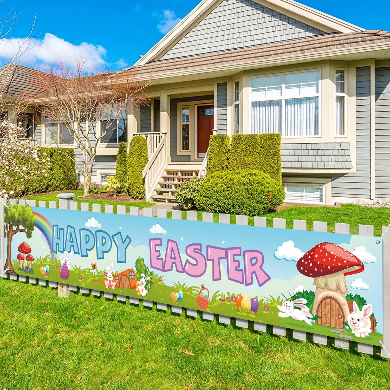 Happy Easter Banner, Long Easter Banner Decorations for Indoor Outdoor Long Easter Egg Bunny Game Activity Banner, Happy Easter Day Home Garden Spring Themed Party Backdrop Decor