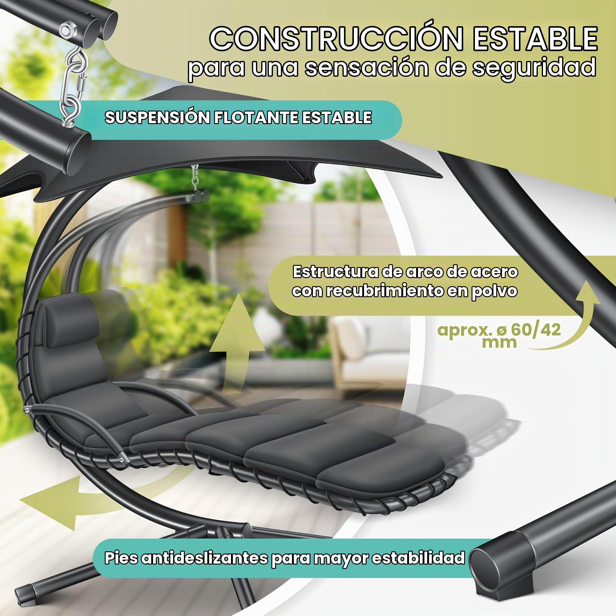 KESSER® Tumbona flotante con sombrilla, tumbona colgante, tumbona H200, L194, B100 cm, tumbona de relax, columpio, hamaca, soporta hasta 120 kg, cojines para el cuello, incluye bolsa