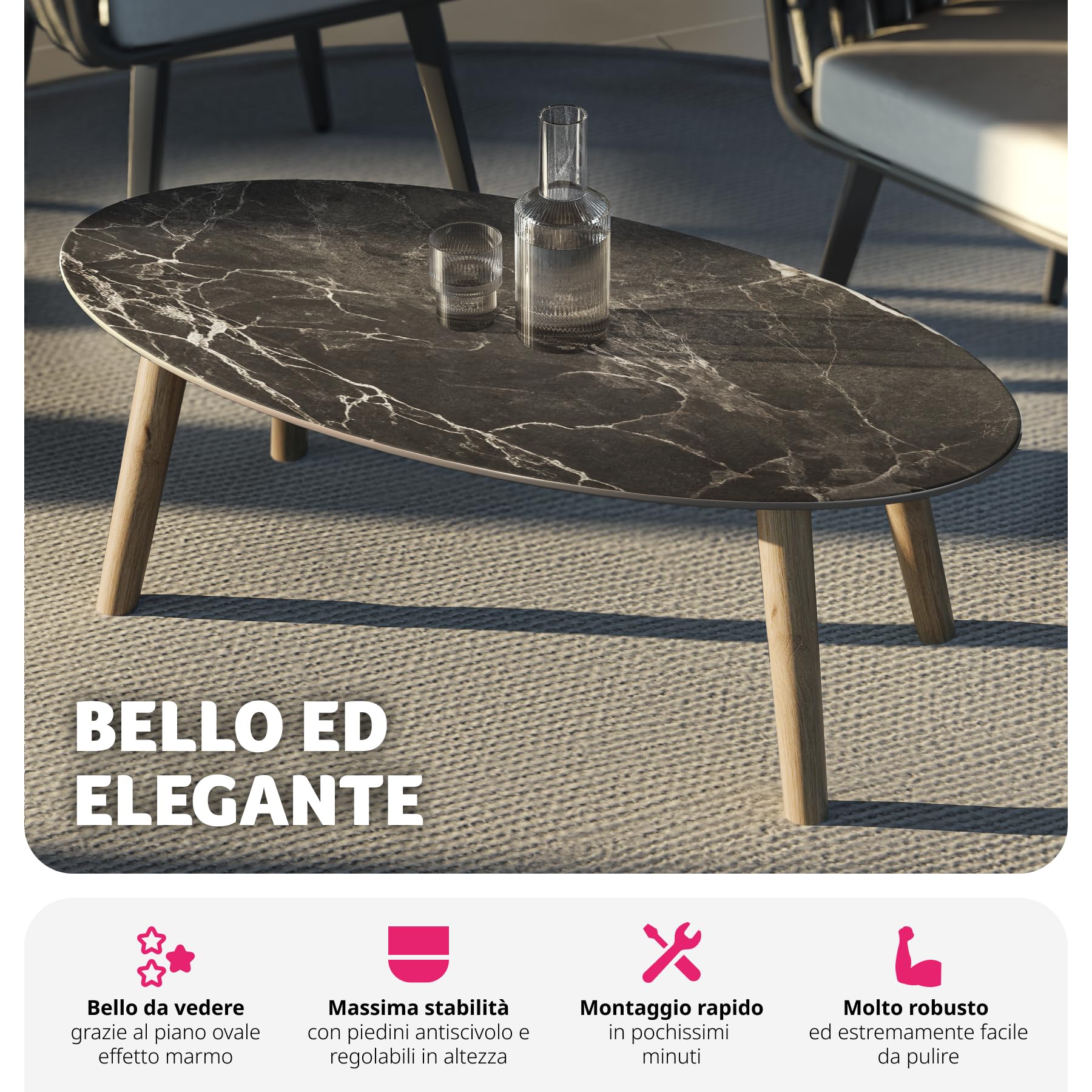 tectake® Tavolino da Salotto, Tavolo da Giardino, Tavolo da Caffè Ovale per Interno ed Esterno, Tavolino Effetto Marmo con Gambe in Legno Massiccio, 100x50x34,5 cm - Naturale